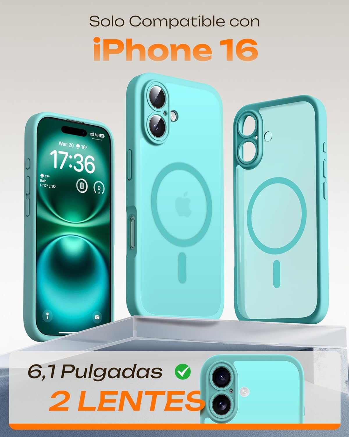 TOCOL Funda para iPhone 16, Funda Magnética para iPhone 16 6,1 Pulgadas [Protección Lente Cámara] [Protección Militar] Translúcida Mate Trasera, Turquesa - 2