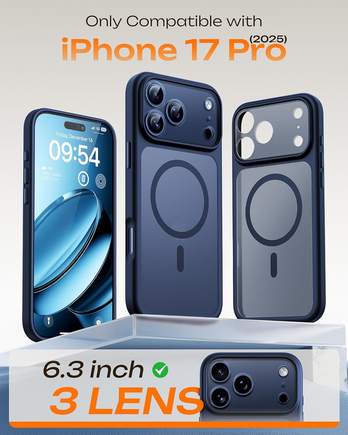 TOCOL Funda para iPhone 17 Pro, Protección Lente Cámara, Imanes Integrado, Compatible con Magsafe, Protección contra Caídas, Translúcida Mate Trasera, Azul Marino - 2