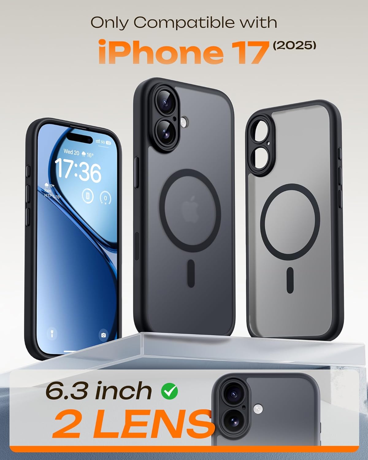 TOCOL Funda para iPhone 17 con Botón de Control de la Cámara, Protección Lente Cámara, Anillo Magnético Integrado, Compatible con Magsafe, Translúcida Mate Trasera, Clave Negro - 2