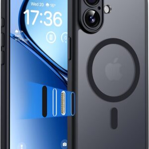 TOCOL Funda para iPhone 17 con Botón de Control de la Cámara, Protección Lente Cámara, Anillo Magnético Integrado, Compatible con Magsafe, Translúcida Mate Trasera, Clave Negro