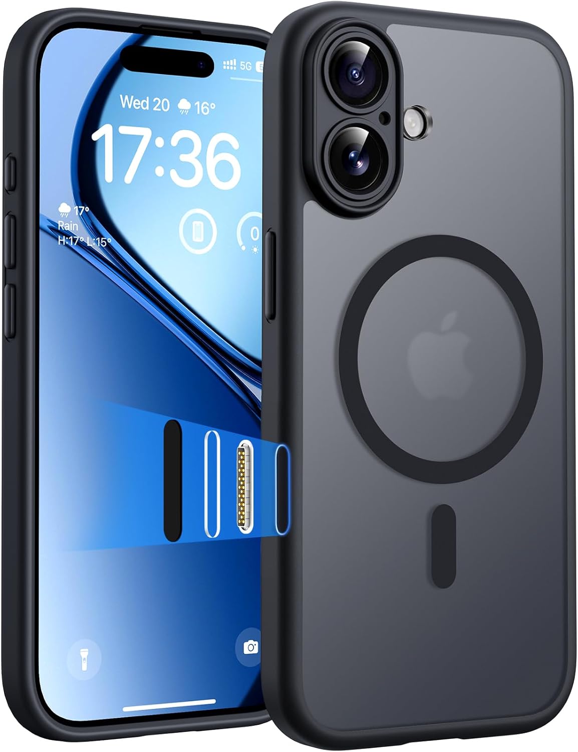 TOCOL Funda para iPhone 17 con Botón de Control de la Cámara, Protección Lente Cámara, Anillo Magnético Integrado, Compatible con Magsafe, Translúcida Mate Trasera, Clave Negro - 1