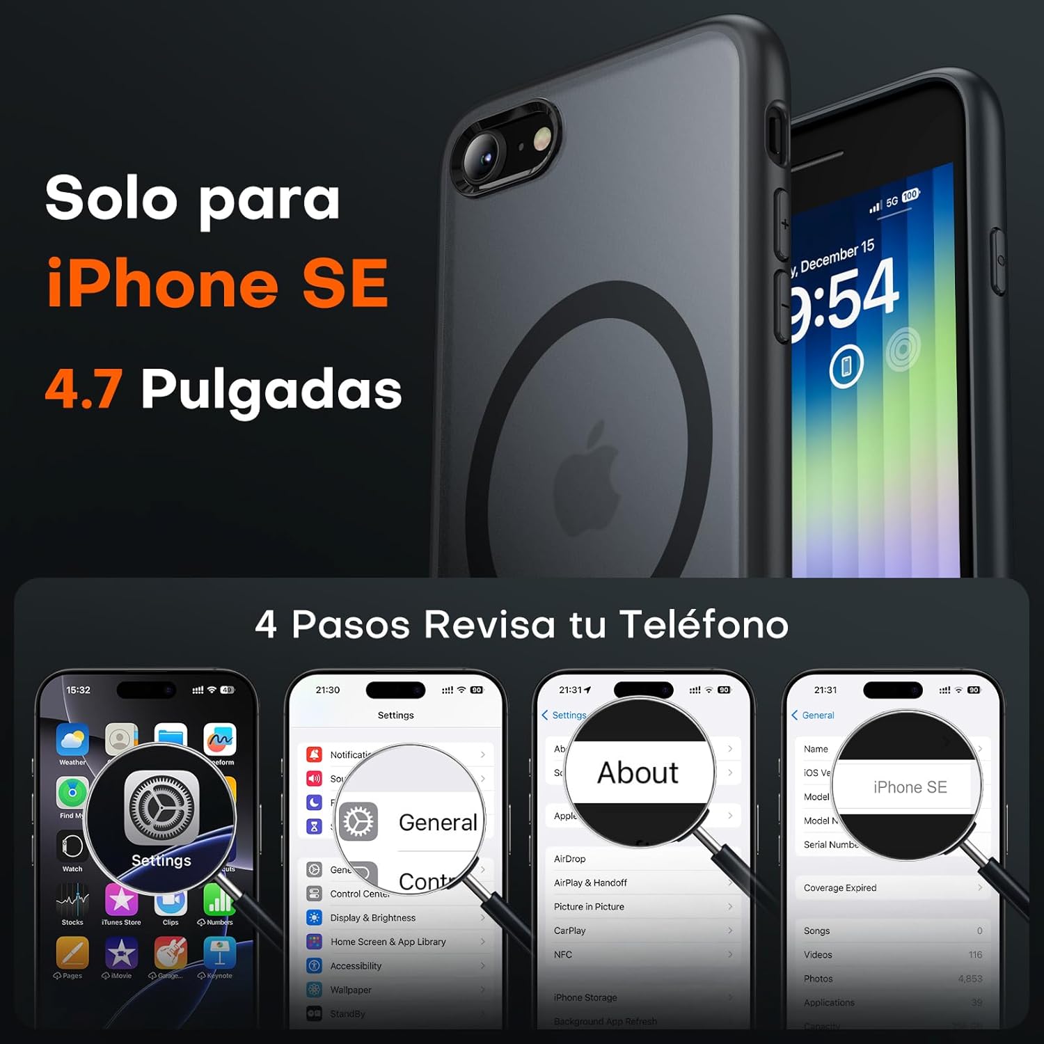 TOCOL Funda para iPhone SE 3/2 (2022/2020), iPhone 8/7 4.7 Pulgadas, Funda Magnética,Protección Lente Cámara, Protección Militar,Translúcida Mate Trasera, Titanio Negro - 2