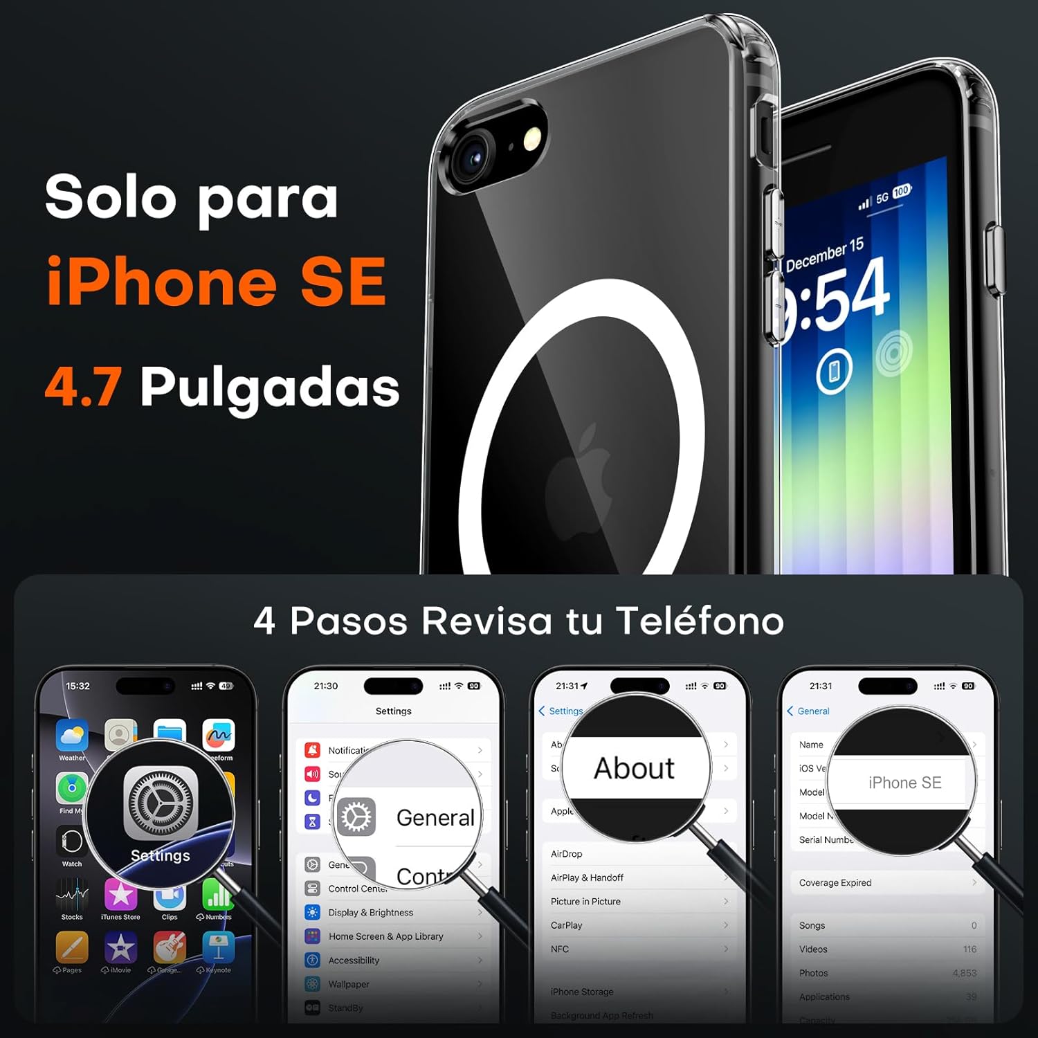 TOCOL Funda para iPhone SE 3/2 (2022/2020), iPhone 8/7 4.7 Pulgadas, Funda Magnética,Protección Lente Cámara, Protección Militar,Translúcida Mate Trasera, Transparente - 2
