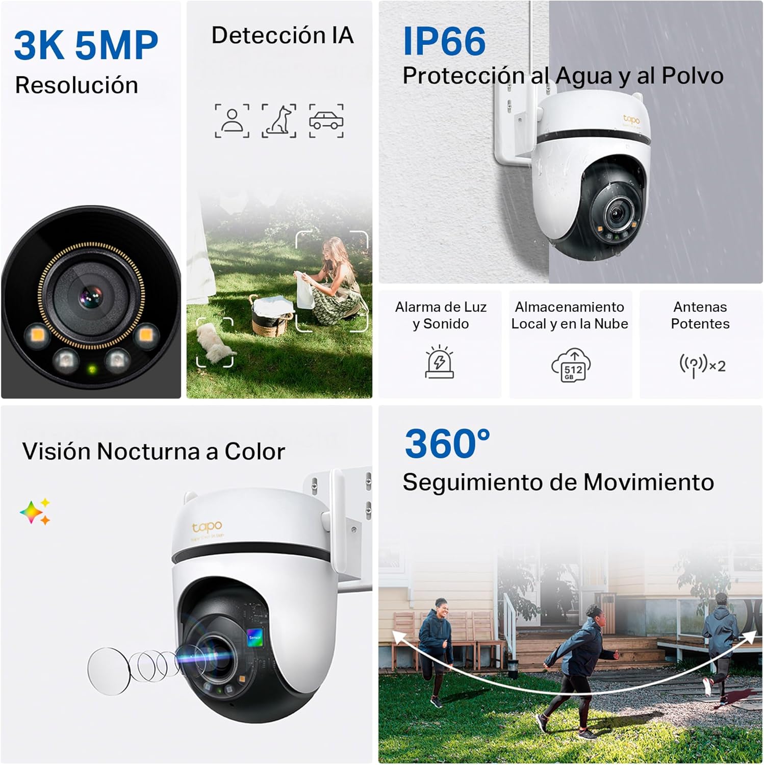 Tapo C530WS - Cámara Seguridad Exterior 360° 3K 5MP, Visión Nocturna Color, Resistencia IP66, Alarma Sonora/Luz, Detección AI, Almacenamiento Nube/SD 512GB, Audio Bidireccional - 4