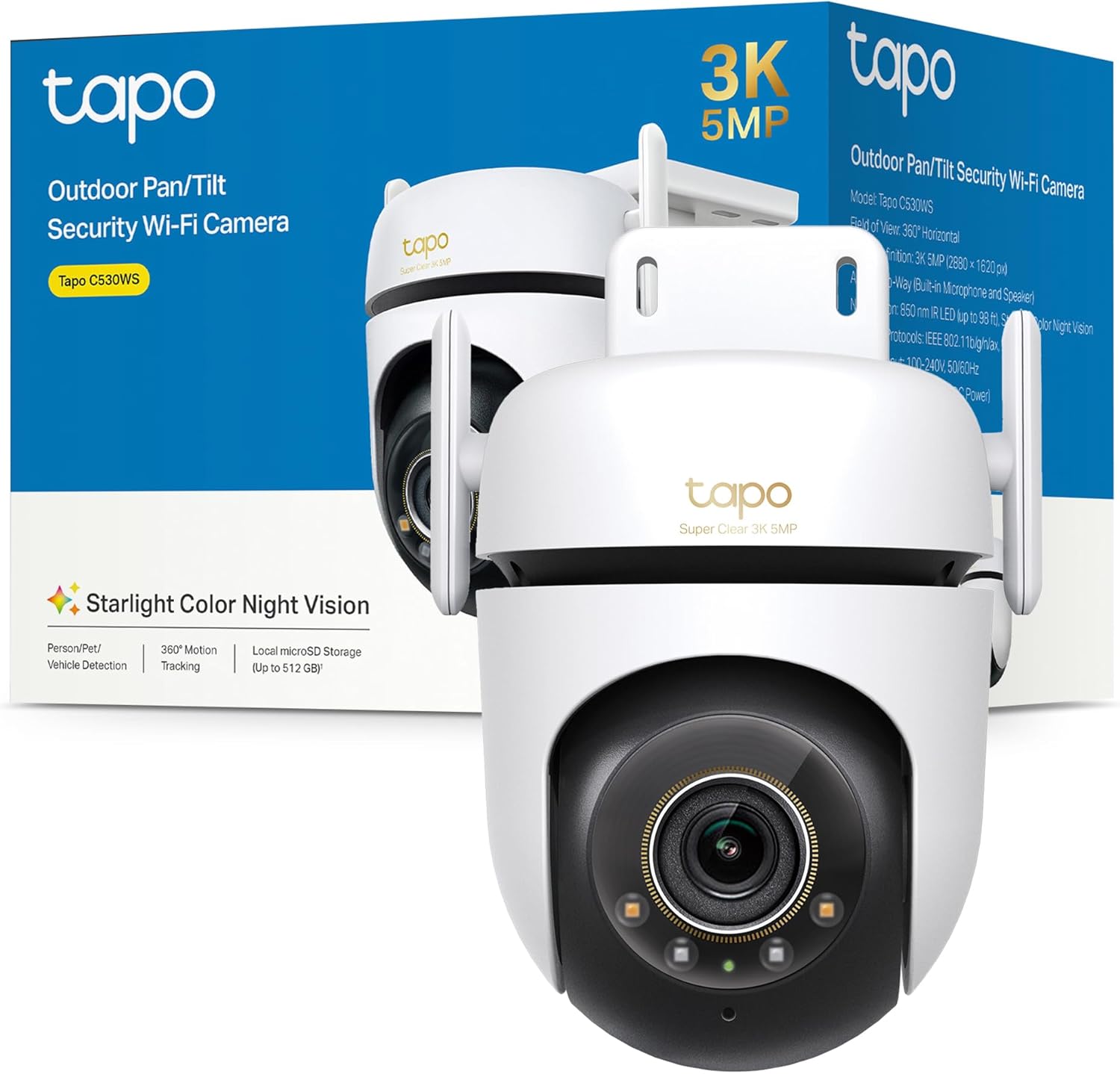 Tapo C530WS - Cámara Seguridad Exterior 360° 3K 5MP, Visión Nocturna Color, Resistencia IP66, Alarma Sonora/Luz, Detección AI, Almacenamiento Nube/SD 512GB, Audio Bidireccional - 1