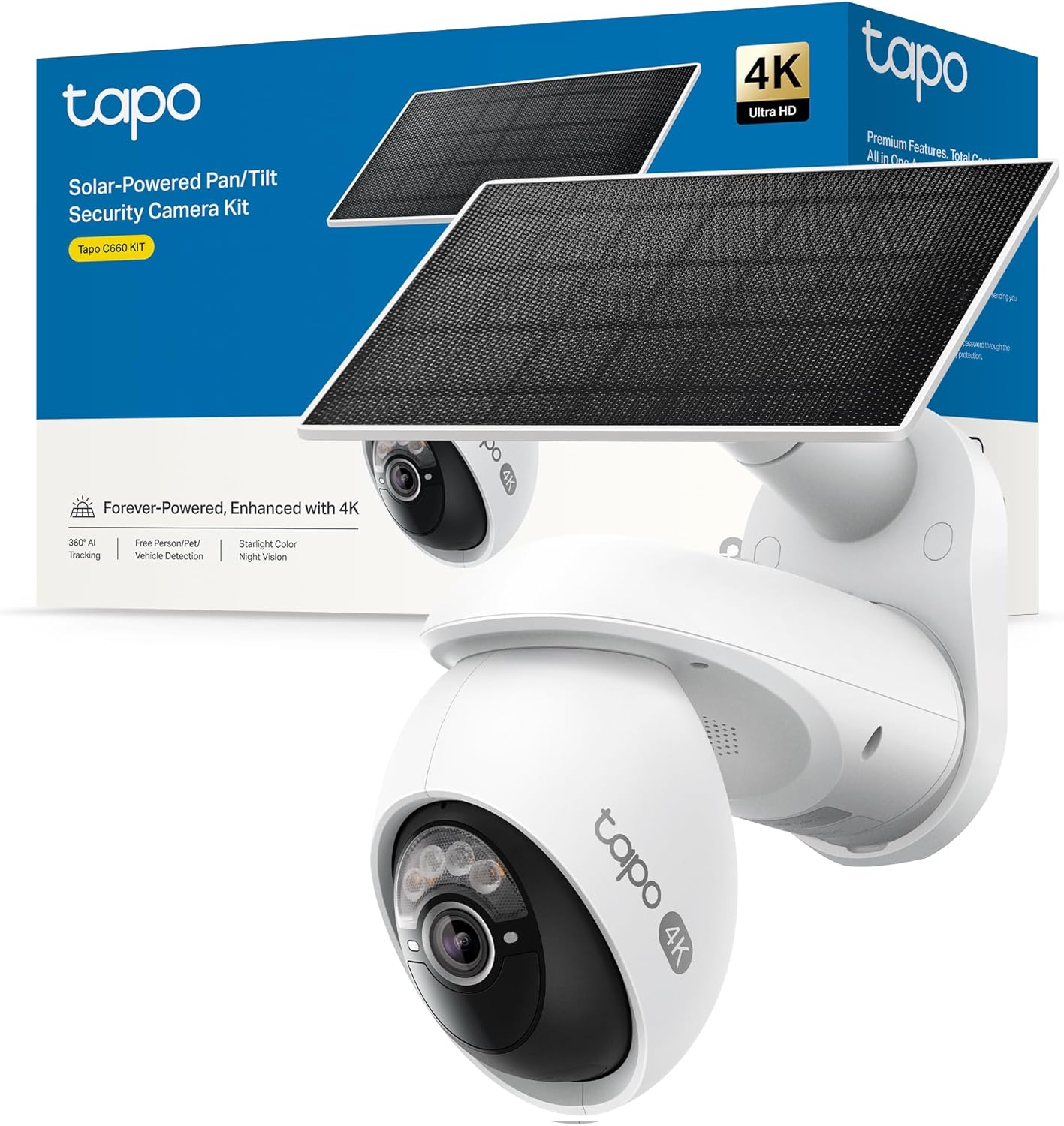 Tapo C660 Kit – Cámara de Seguridad WiFi 4K 8 MP con Panel Solar, Visión de 360°, Zoom Digital x18, Visión Nocturna en Color, Batería de 10000 mAh, Detección IA Gratuita, IP65 - 1