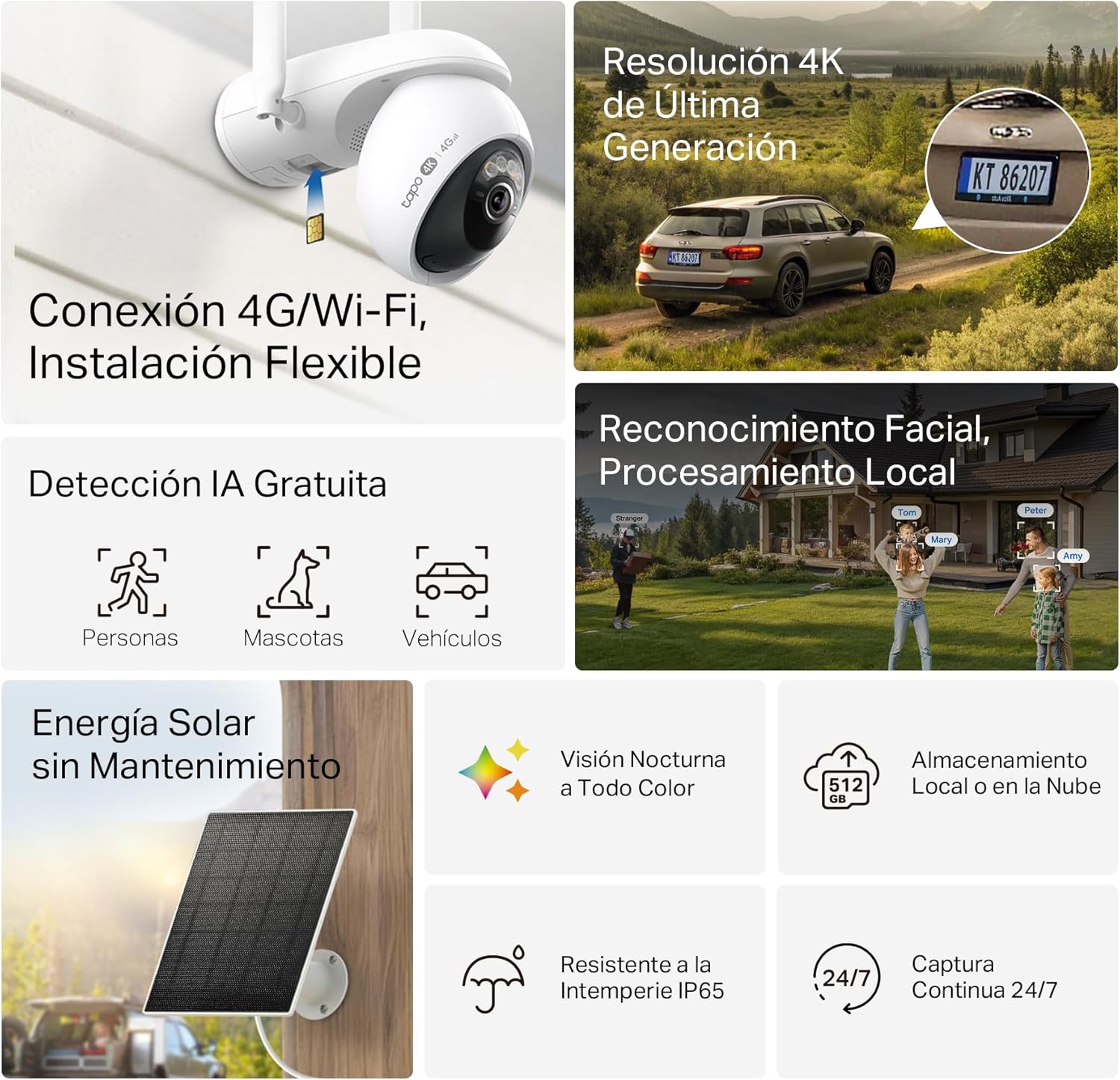 Tapo C665G Kit - 4K Cámara de Seguridad Exterior con Panel Solar, 4G LTE y WiFi, visión Nocturna a Color, detección IA, Seguimiento 360°, batería Recargable, IP65 - 3