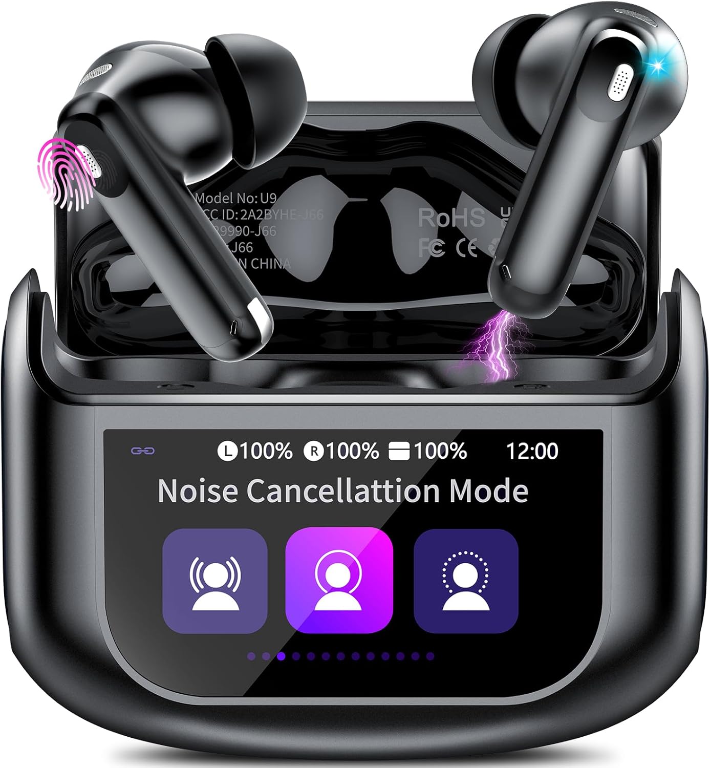 Thunelec Auriculares Inalambricos con Pantalla Táctil LED, 2026 Nuevo Auriculares Bluetooth 5.4 con Reducción de Ruido ANC+ENC y HD Mic, 48H Cascos Inalambricos con HiFi Estéreo/5 Modos EQ, Negro - 1