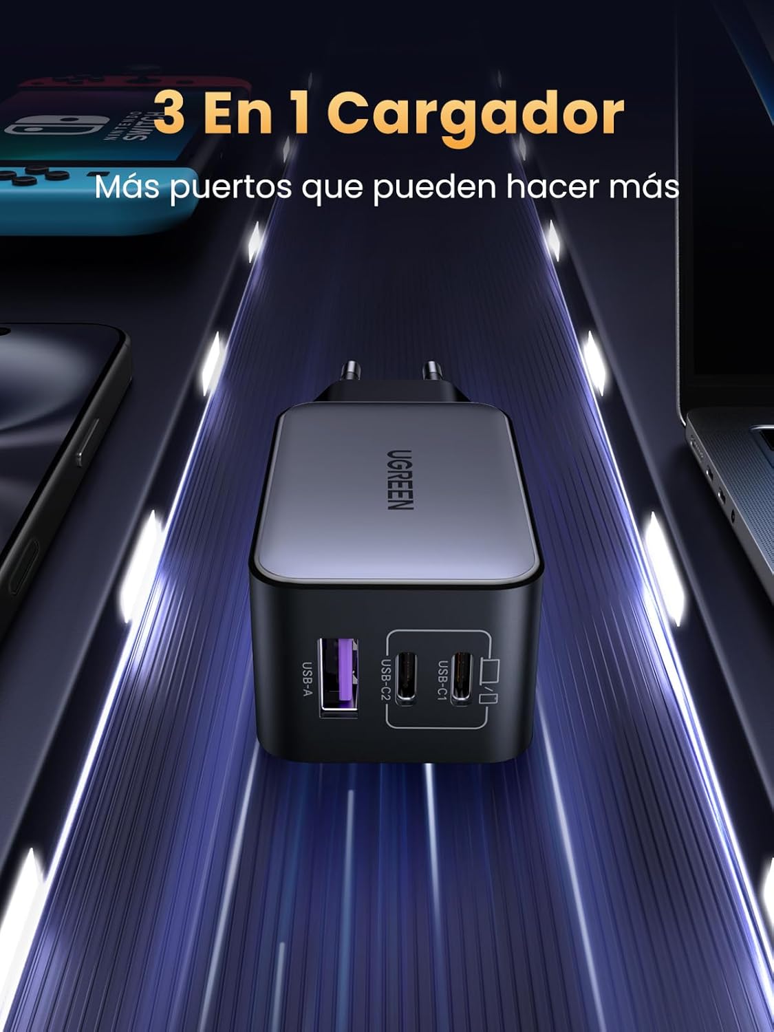 UGREEN Nexode Cargador USB C 65W, Carga Rápida con 3 Puertos, Compatible con MacBook Air, iPhone 17 Pro MAX Air/16/15/14, iPad, Samsung Galaxy S25/S25+/S25 Ultra/S24/S23/S22 y Google Pixel 7 Pro - 2