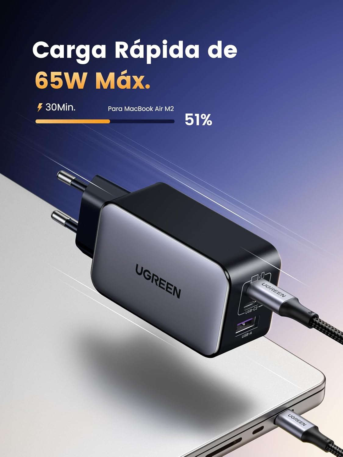 UGREEN Nexode Cargador USB C 65W, Carga Rápida con 3 Puertos, Compatible con MacBook Air, iPhone 17 Pro MAX Air/16/15/14, iPad, Samsung Galaxy S25/S25+/S25 Ultra/S24/S23/S22 y Google Pixel 7 Pro - 3