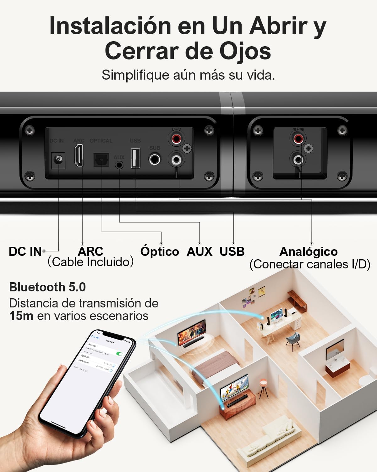 ULTIMEA 2.2ch Barra de Sonido para TV, 2 en 1 Soundbar Divisible con VoiceMX y BassMX, Bluetooth 5.3, 6 Modos de Ecualización, Graves Ajustables, Conexión ARC/Óptico/Aux, Apollo S40 Pro - 6