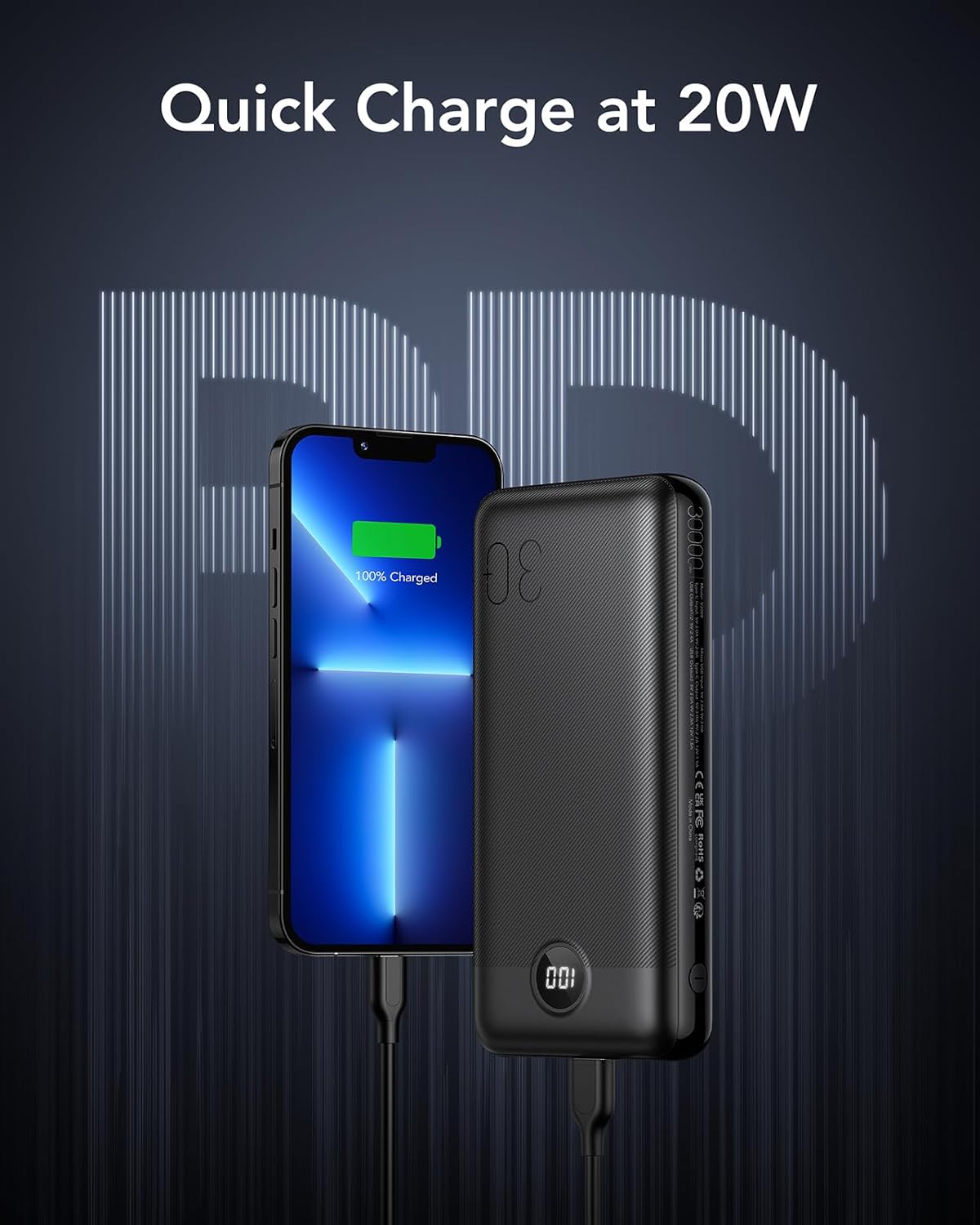 VEGER Power Bank,30000mAh Bateria Externa con Pantalla LED Bateria Portatil USB C Carga rapida PD 20W QC 3.0 con 2 Entradas y 4 Salidas Compatible con iPhone, Samsung, Huawei, Tableta y más. - 3