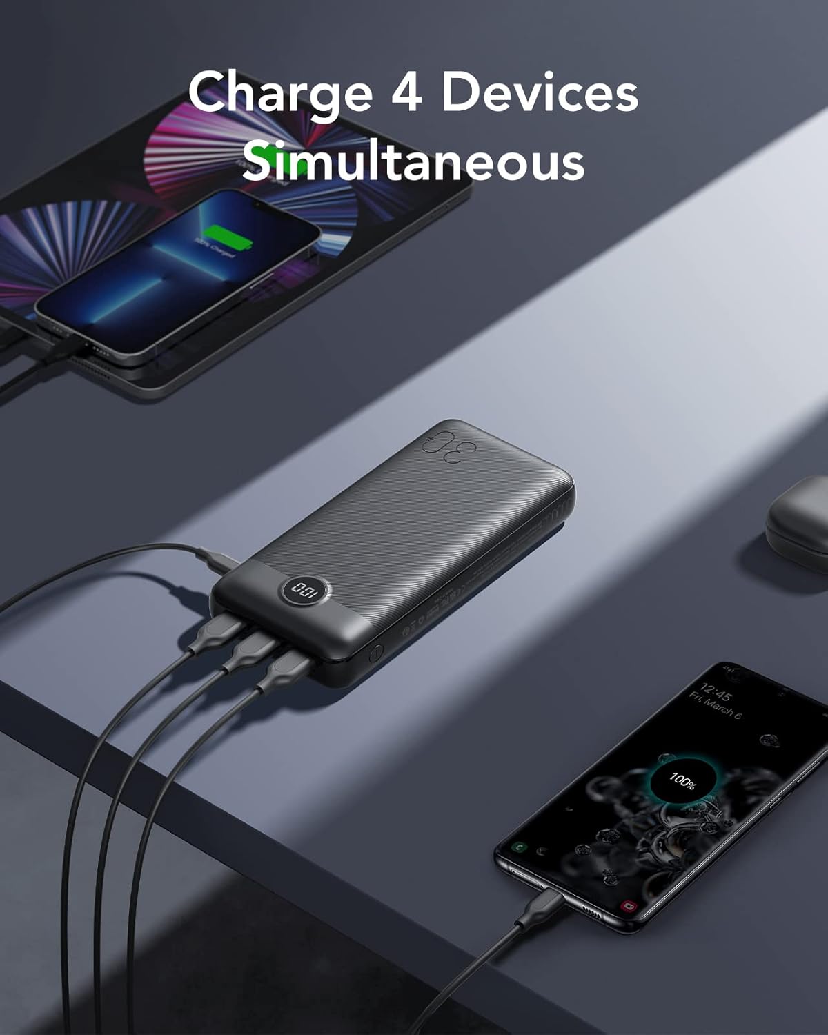 VEGER Power Bank,30000mAh Bateria Externa con Pantalla LED Bateria Portatil USB C Carga rapida PD 20W QC 3.0 con 2 Entradas y 4 Salidas Compatible con iPhone, Samsung, Huawei, Tableta y más. - 4