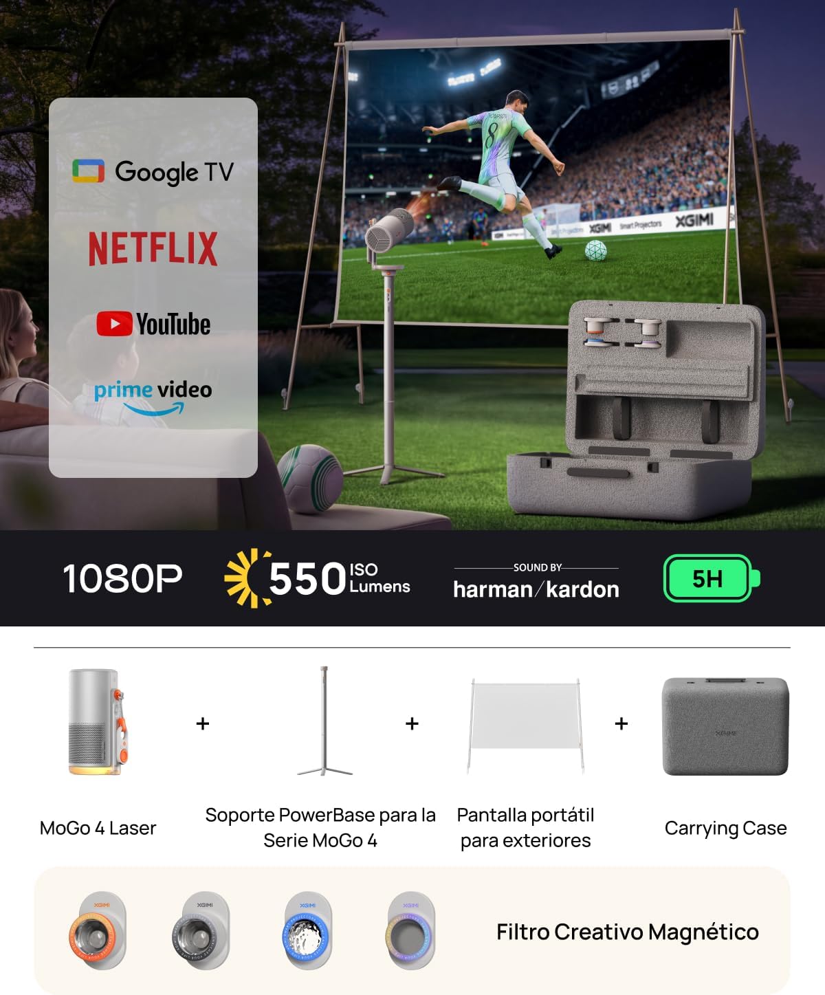 XGIMI MoGo 4 Laser Proyector Kit para Exteriores, Incluye 4 Filtros, Soporte PowerBase con Batería, Pantalla de 70", Funda de Transporte, 550 Lúmenes ISO, Autonomía 5h, Google TV con Netflix Oficial - 2