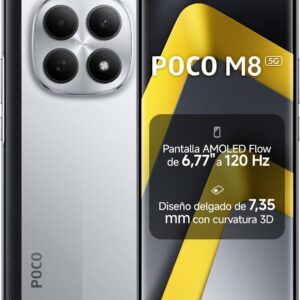XIAOMI POCO M8 5G - Smartphone de 8+256GB, Pantalla de 6,77" 120Hz Flow AMOLED, Snapdragon 6 Gen 3, cámara Dual de 50MP IA, Carga Turbo de 45W, Cargador no Incluido, Plata (Versión ES)