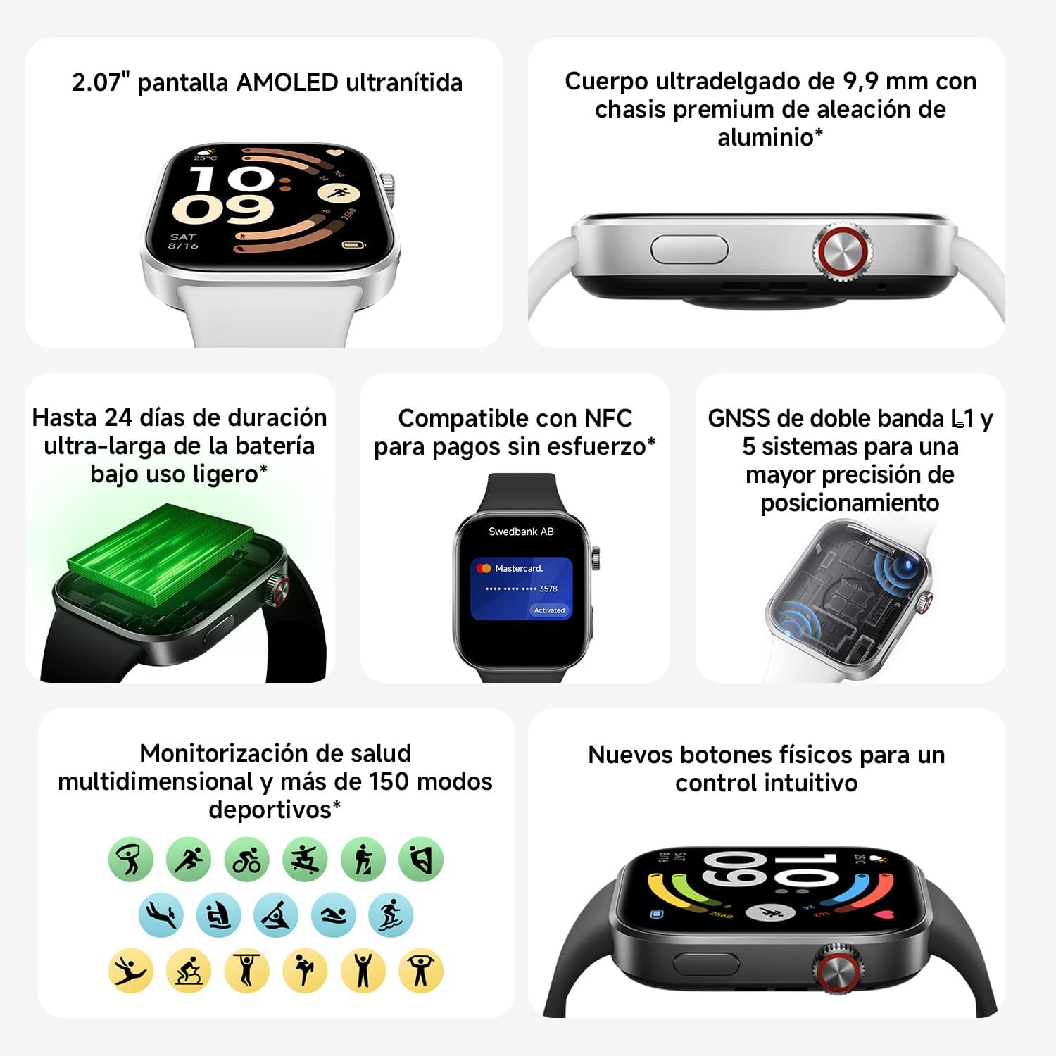 XIAOMI Redmi Watch 6 NFC, Reloj Inteligente Mujer y Hombre, Pantalla AMOLED 2.07'', Monitoreo cardíaco,sueño y estrés, 150+ Modos Deportivos, 24 Días de Batería, 5ATM, GPS, iOS & Android, Negro - 2