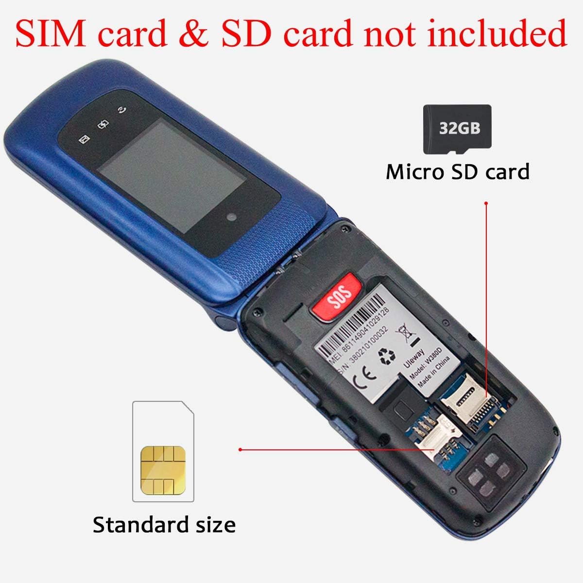 uleway Teléfono Móvil para Mayores, con Tapa de Teclas Grandes, Botón SOS, Pantalla de 2,4 Pulgadas, Llamada Rápida, Sonido Fuerte de Radio, 1000mAh Batería, Fácil Uso para Ancianos, Azul. - 5