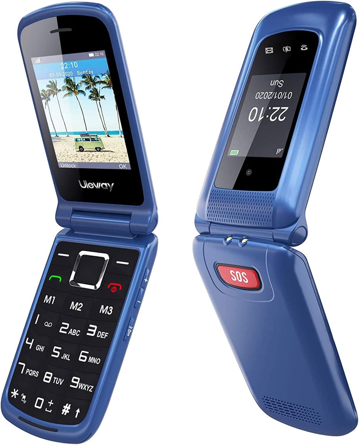 uleway Telefono Movil para Mayores, gsm Teléfono Móviles con Teclas Grandes, SOS Botón, Doble Pantalla de 2,4+1.77 Pulgadas, Base de Carga, Llamada Rápida, Sonido Fuerte de Radio (Azul) - 2