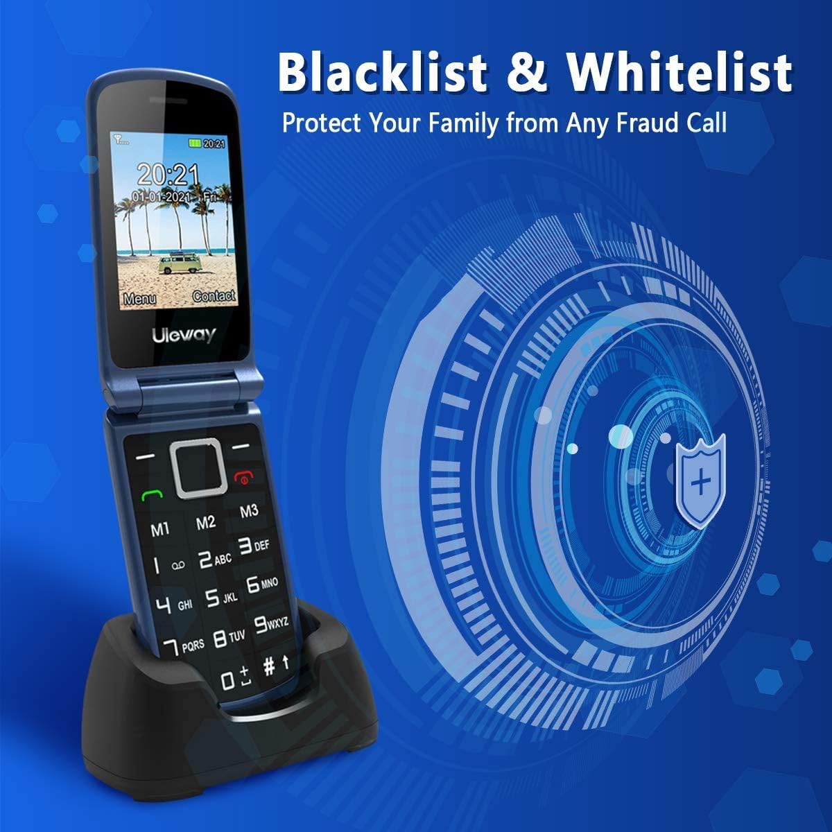 uleway Telefono Movil para Mayores, gsm Teléfono Móviles con Teclas Grandes, SOS Botón, Doble Pantalla de 2,4+1.77 Pulgadas, Base de Carga, Llamada Rápida, Sonido Fuerte de Radio (Azul) - 5