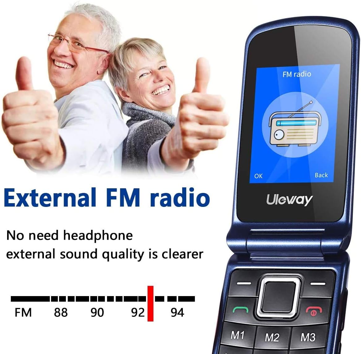 uleway Telefono Movil para Mayores, gsm Teléfono Móviles con Teclas Grandes, SOS Botón, Doble Pantalla de 2,4+1.77 Pulgadas, Base de Carga, Llamada Rápida, Sonido Fuerte de Radio (Azul) - 6