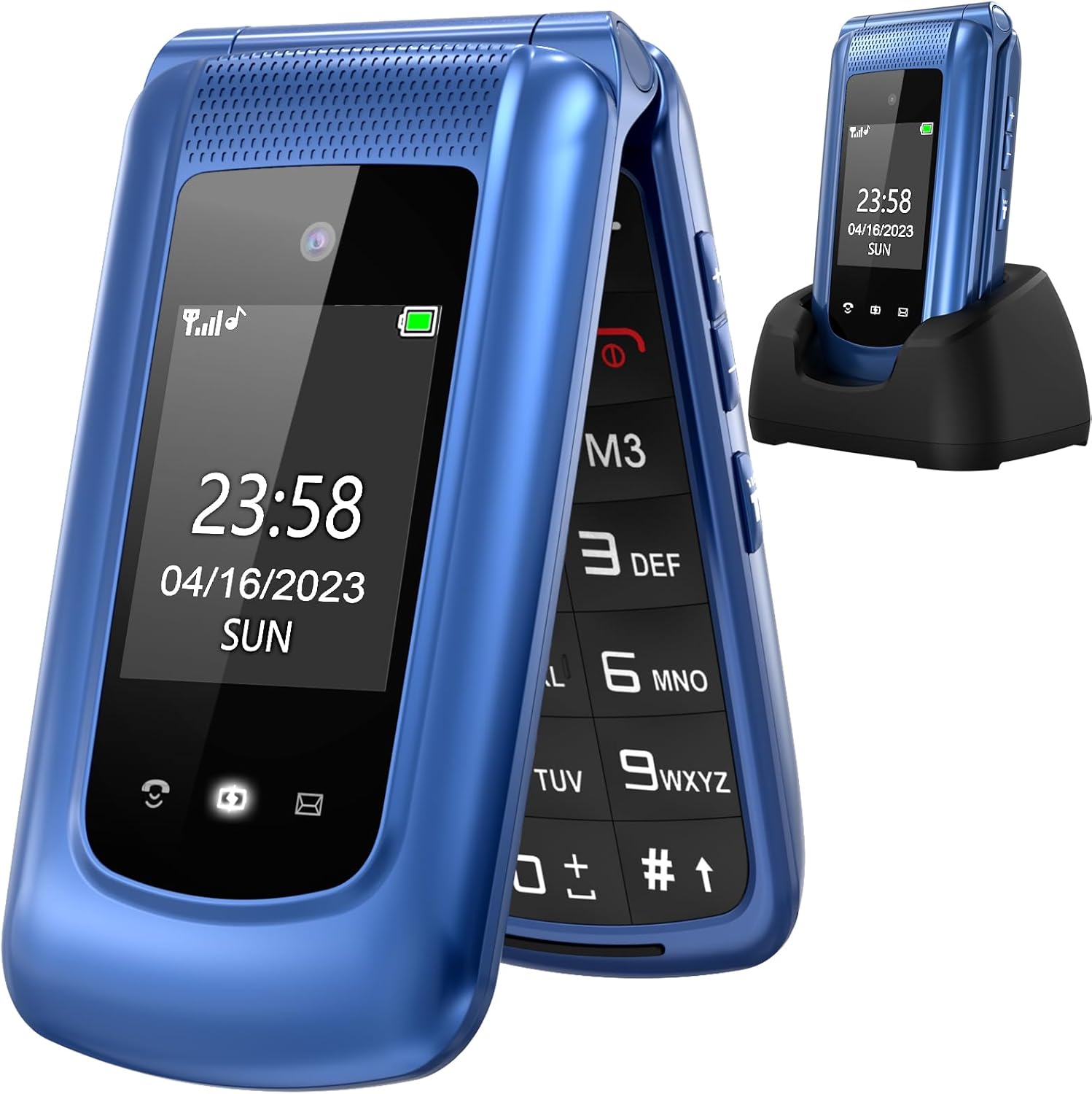 uleway Telefono Movil para Mayores, gsm Teléfono Móviles con Teclas Grandes, SOS Botón, Doble Pantalla de 2,4+1.77 Pulgadas, Base de Carga, Llamada Rápida, Sonido Fuerte de Radio (Azul) - 1
