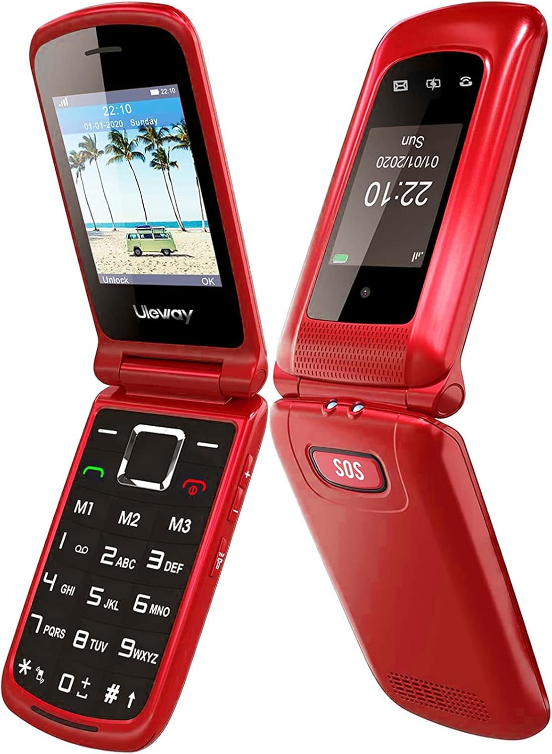 uleway Teléfono Móvil para Personas Mayores de Tapa, Teléfono Celular con Botón Grande, SOS Botón, Cámara, Base de Carga, 1 * 1000mAh Batería, Fácil de Usar Telefono Basicos para Ancianos (Rojo) - 2