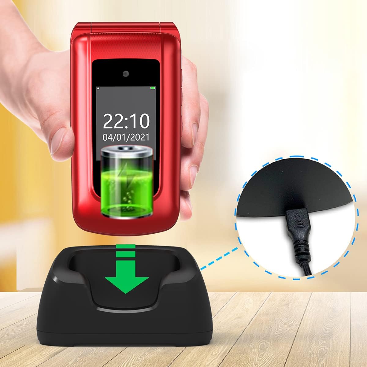 uleway Teléfono Móvil para Personas Mayores de Tapa, Teléfono Celular con Botón Grande, SOS Botón, Cámara, Base de Carga, 1 * 1000mAh Batería, Fácil de Usar Telefono Basicos para Ancianos (Rojo) - 3