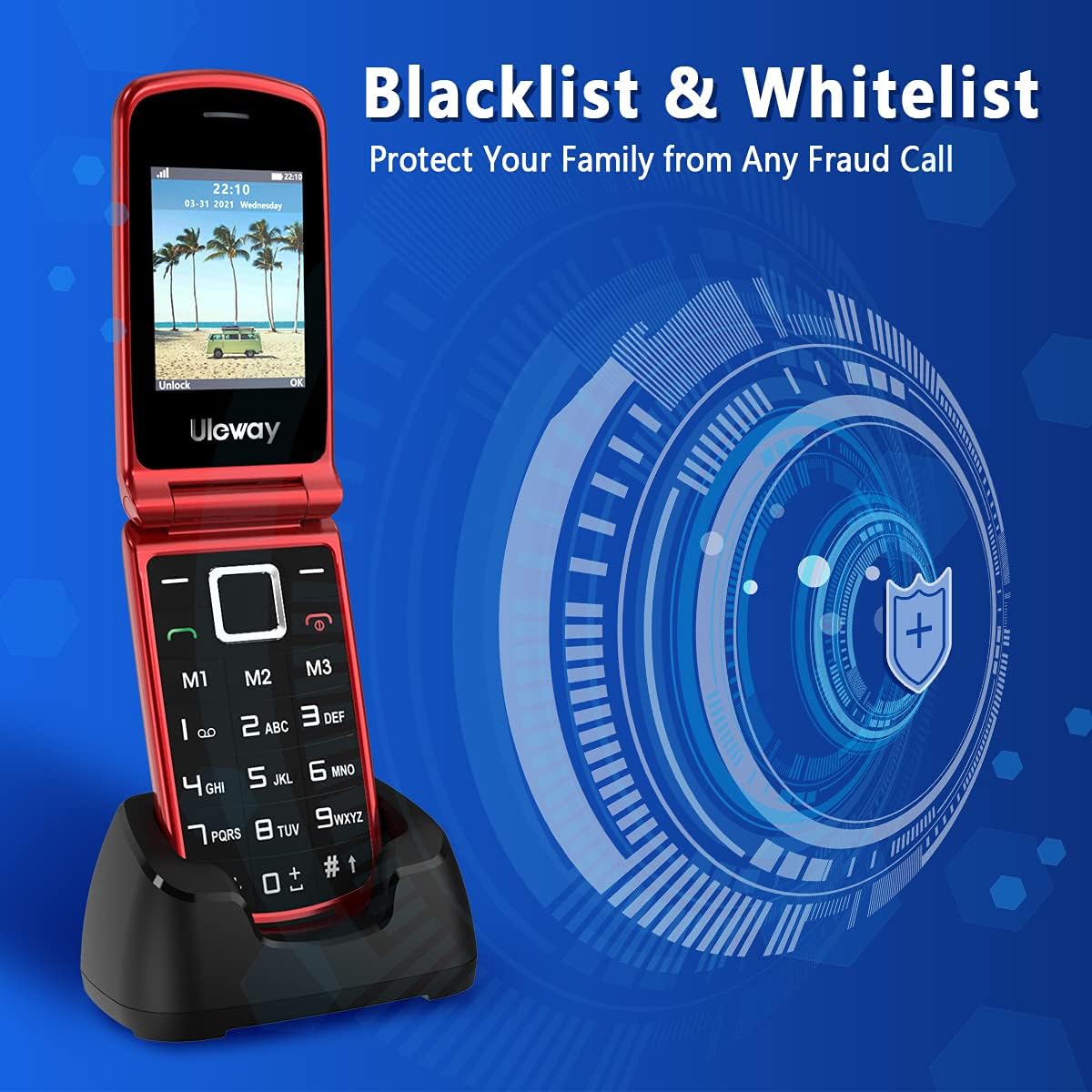uleway Teléfono Móvil para Personas Mayores de Tapa, Teléfono Celular con Botón Grande, SOS Botón, Cámara, Base de Carga, 1 * 1000mAh Batería, Fácil de Usar Telefono Basicos para Ancianos (Rojo) - 5