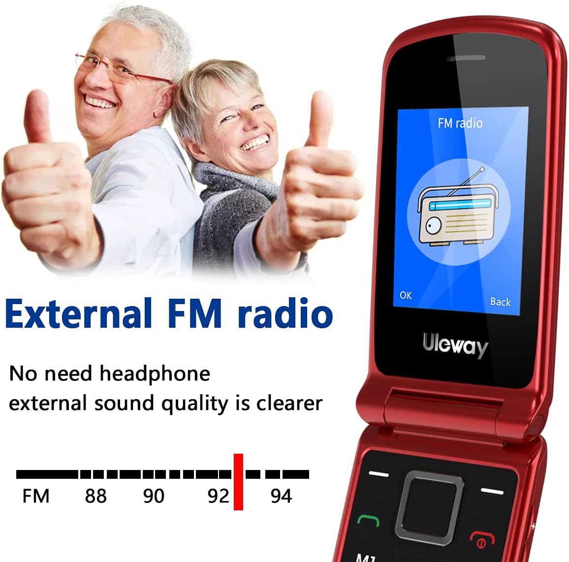 uleway Teléfono Móvil para Personas Mayores de Tapa, Teléfono Celular con Botón Grande, SOS Botón, Cámara, Base de Carga, 1 * 1000mAh Batería, Fácil de Usar Telefono Basicos para Ancianos (Rojo) - 6