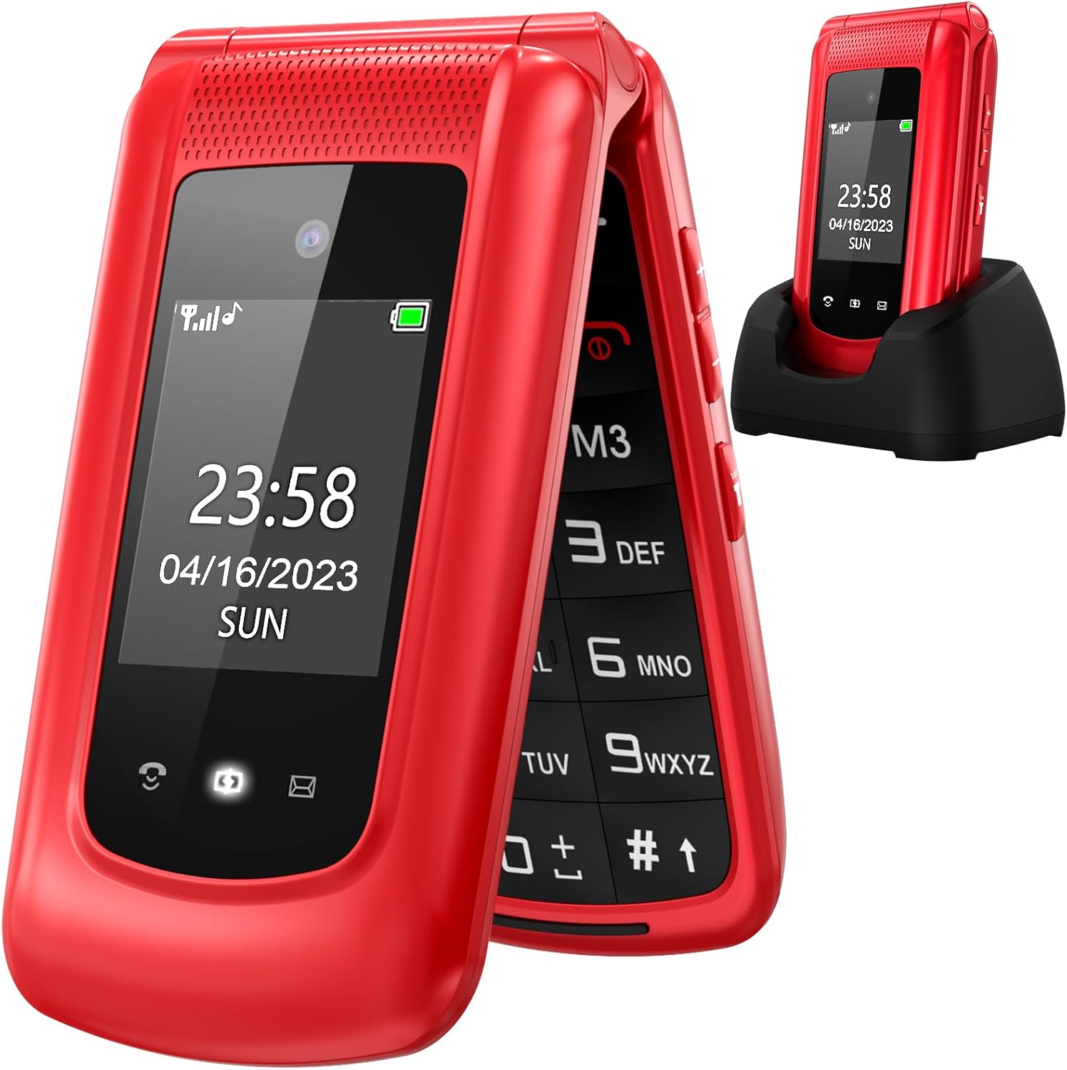 uleway Teléfono Móvil para Personas Mayores de Tapa, Teléfono Celular con Botón Grande, SOS Botón, Cámara, Base de Carga, 1 * 1000mAh Batería, Fácil de Usar Telefono Basicos para Ancianos (Rojo) - 1