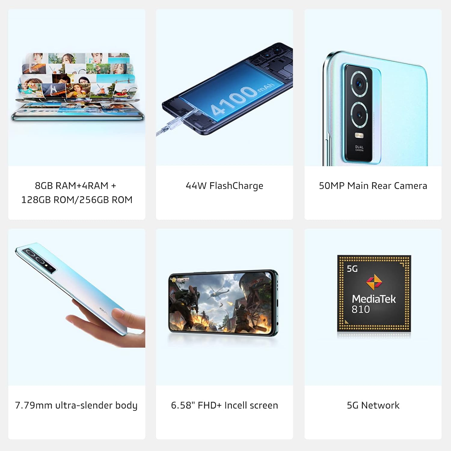vivo Y76 Smartphone 5G, 8 GB + 256 GB, Teléfono móvil Libres, Batería de 4100 mAh, Android 11, Cámara Principal de 50 MP, Carga rápida de 44 W, Dual SIM - 2