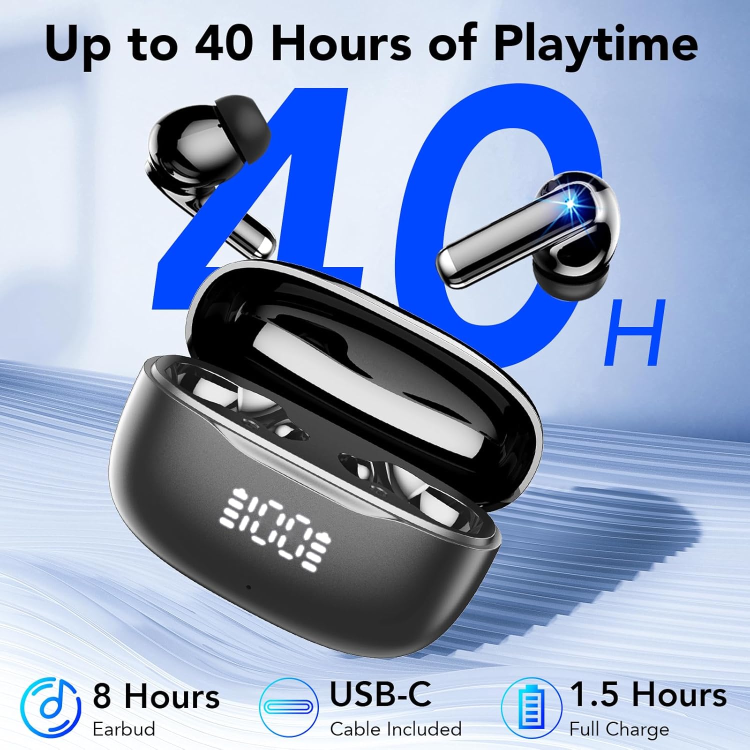 2026 Auriculares Inalambricos Bluetooth 5.4, Cancelacion de Ruido Cascos Bluetooth, HiFi Estéreo con Micrófono HD, Pantalla LED, 40H de Autonomía, Auriculares Deportivos in Ear, IP7 Impermeable, USB-C - 3