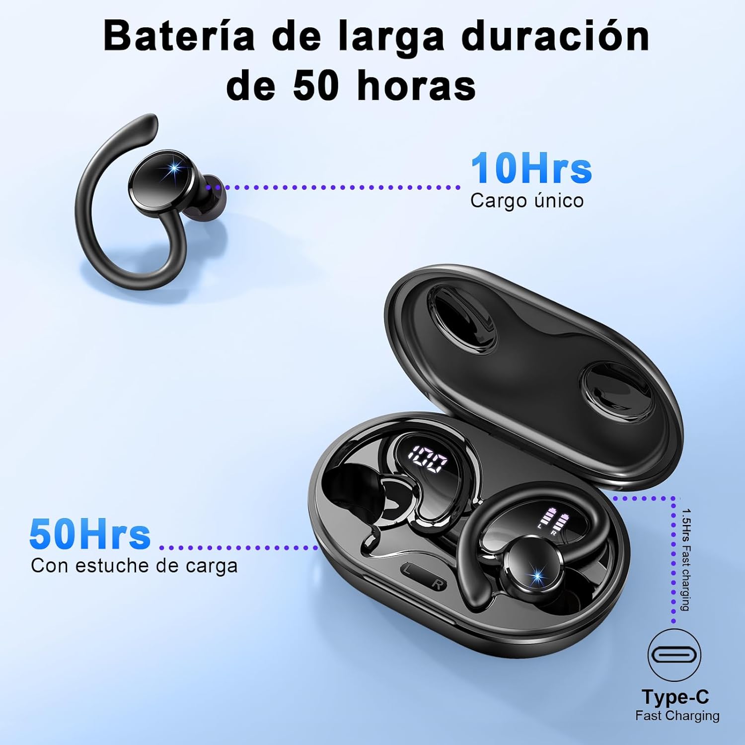 2026 Nueva Auriculares Inalambricos Deportivos, Auriculares Bluetooth 5.4 HiFi Estéreo con 4 HD Mic, 50H Cascos Inalambricos Bluetooth con Cancelacion Ruido ENC, Pantalla LED/IP7 Impermeable Cascos - 5