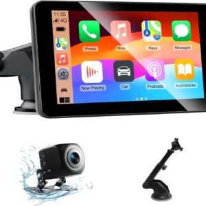 7 Pulgadas Táctil Pantalla con cámara retrovisora, para Coche con Carplay Android Auto Inalámbrica, Enlace Espejo, Navegación, Siri, FM, AUX, Bluetooth 5.2,Airplay, Lectura de vídeo, Navegación GPS