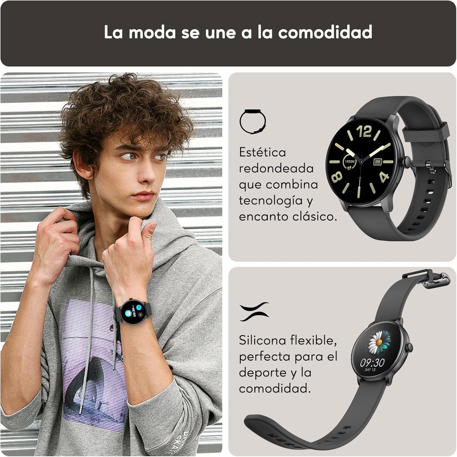 AcclaFit Reloj Inteligente Hombre Mujer con Llamadas Bluetooth, Smartwatch Esfera Redonda 1,38" con Pulsómetro, Monitor de Sueño, IP68 Impermeable, Compatible con Android iOS - Regalo Día del Padre - 2