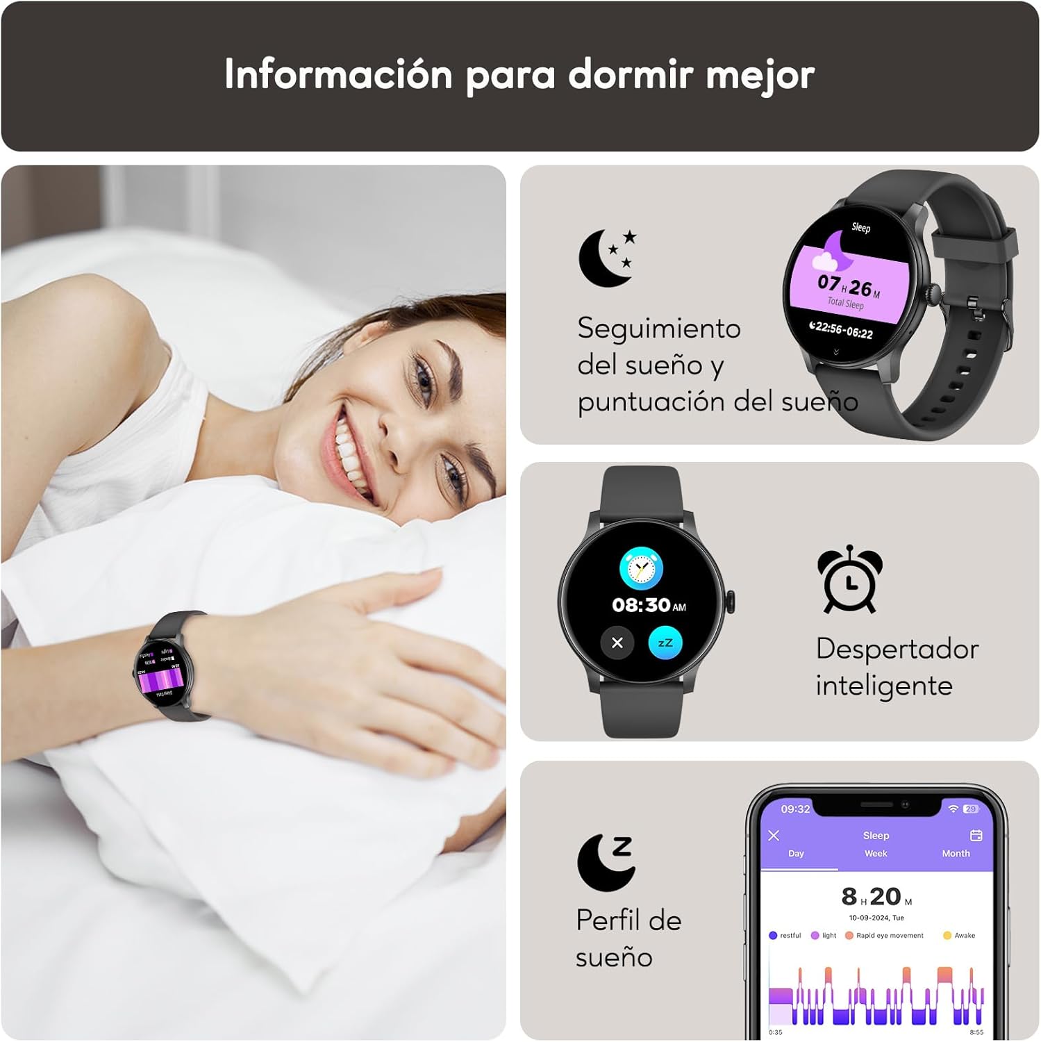 AcclaFit Reloj Inteligente Hombre Mujer con Llamadas Bluetooth, Smartwatch Esfera Redonda 1,38" con Pulsómetro, Monitor de Sueño, IP68 Impermeable, Compatible con Android iOS - Regalo Día del Padre - 4