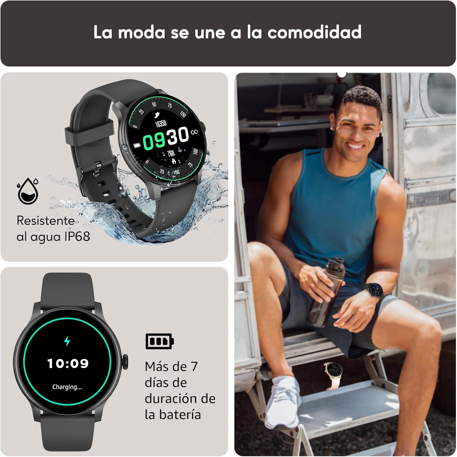 AcclaFit Reloj Inteligente Hombre Mujer con Llamadas Bluetooth, Smartwatch Esfera Redonda 1,38" con Pulsómetro, Monitor de Sueño, IP68 Impermeable, Compatible con Android iOS - Regalo Día del Padre - 6
