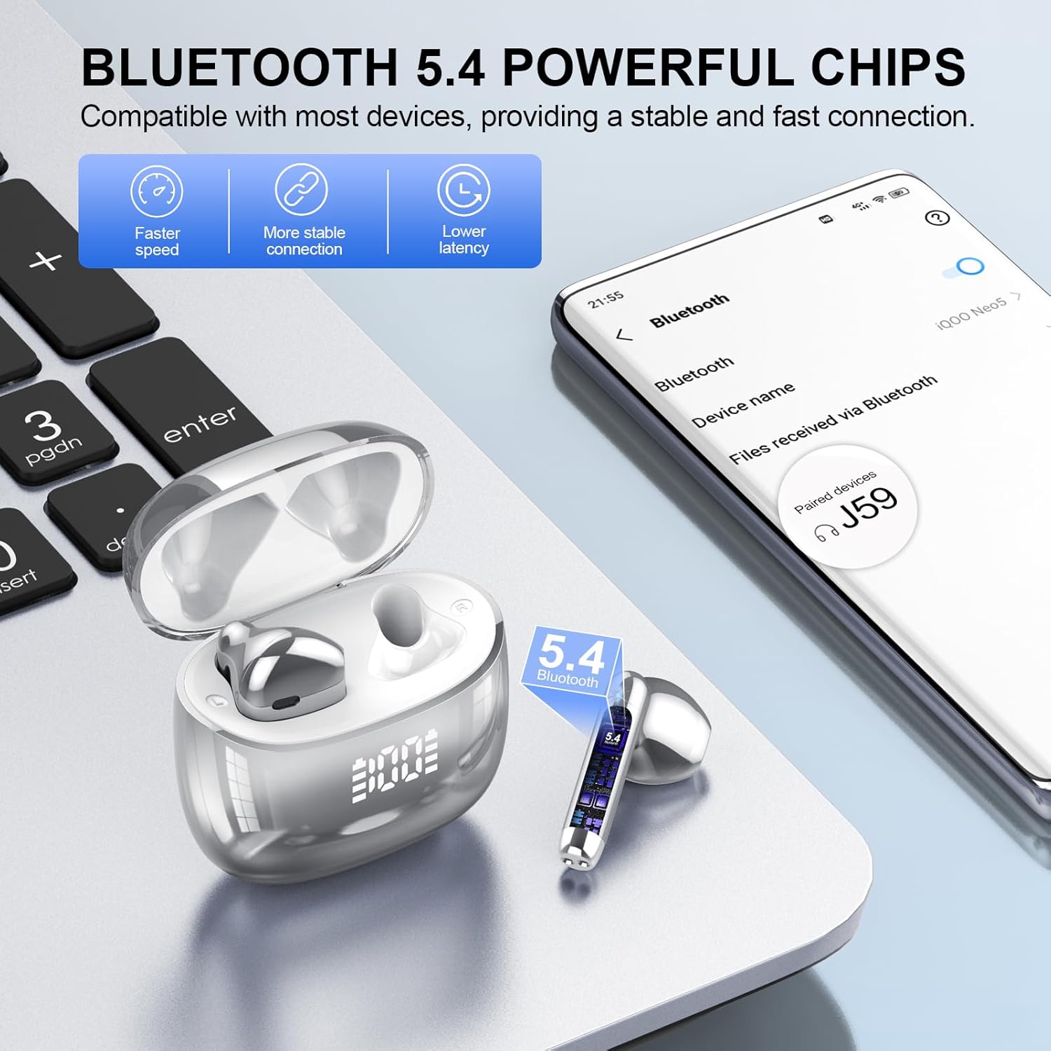 Auriculares Inalámbricos Bluetooth, Auriculares Bluetooth 5.4 Sonido Envolvente con HD Micrófono, Controlador de 14,2 mm, 48H Cascos Inalambricos con Reducción de Ruido, Pantalla LED, IP7 Impermeable - 2