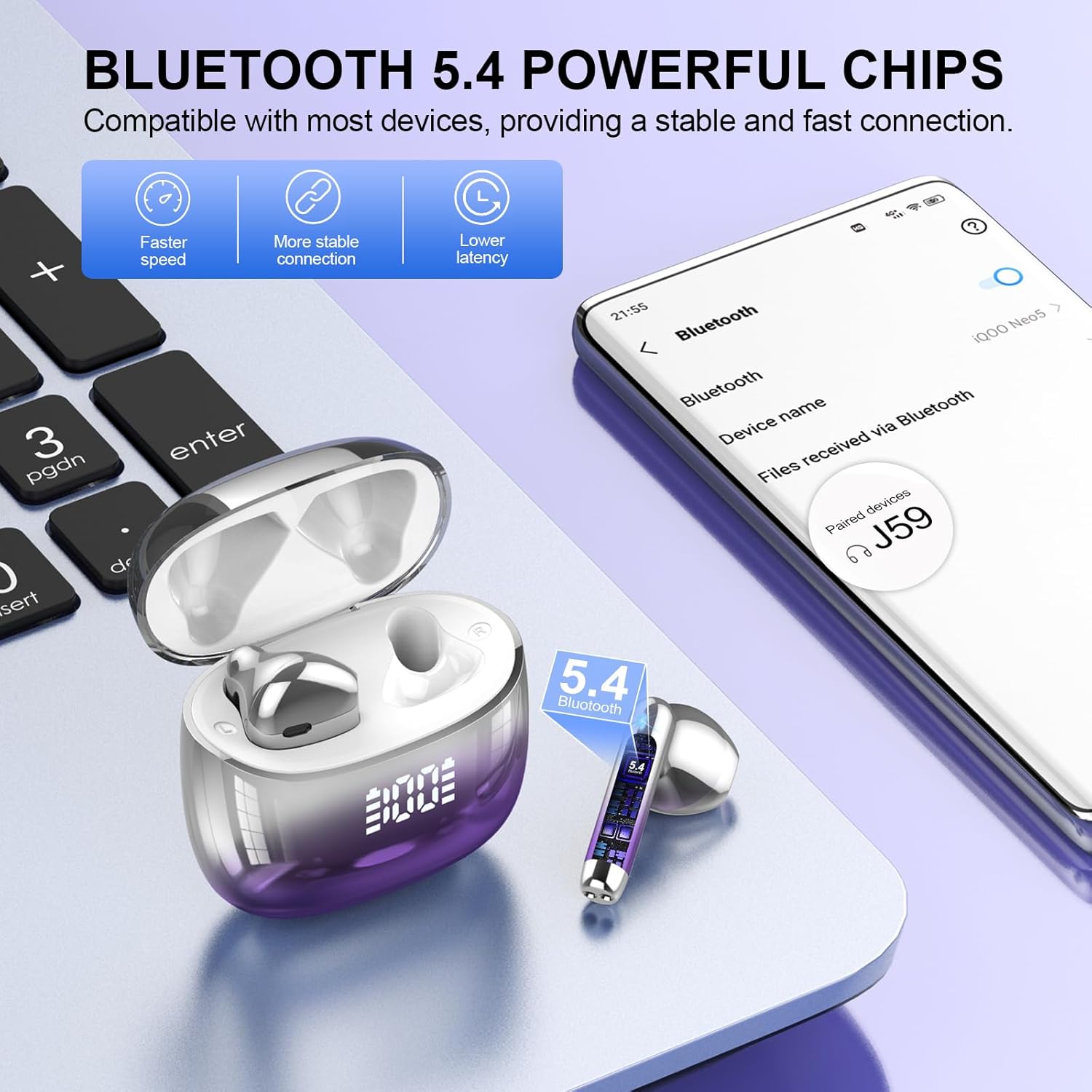 Auriculares Inalámbricos Bluetooth, Auriculares Bluetooth 5.4 Sonido Envolvente con HD Micrófono, Controlador de 14,2 mm, 48H Cascos Inalambricos con Reducción de Ruido, Pantalla LED, IP7 Impermeable - 2