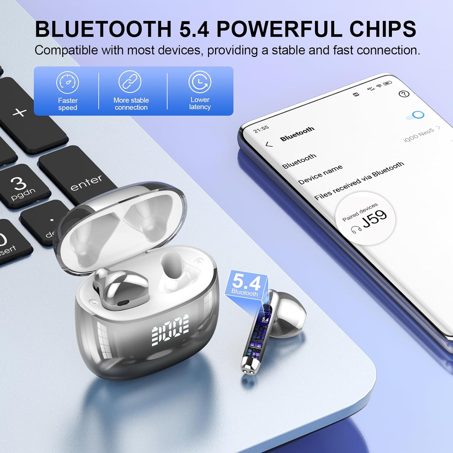Auriculares Inalámbricos Bluetooth, Auriculares Bluetooth 5.4 Sonido Envolvente con HD Micrófono, Controlador de 14,2 mm, 48H Cascos Inalambricos con Reducción de Ruido, Pantalla LED, IP7 Impermeable - 2