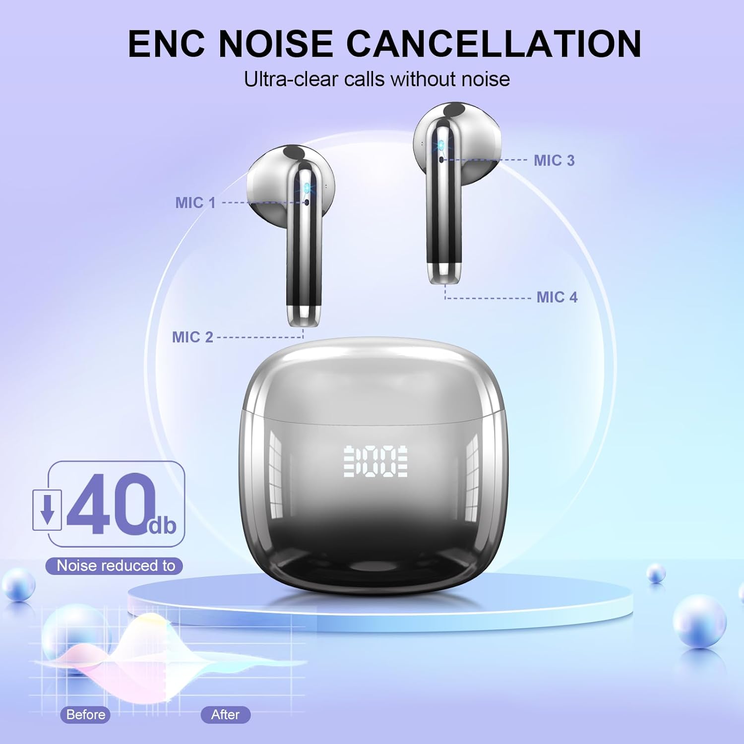 Auriculares Inalámbricos Bluetooth, Auriculares Bluetooth 5.4 Sonido Envolvente con HD Micrófono, Controlador de 14,2 mm, 48H Cascos Inalambricos con Reducción de Ruido, Pantalla LED, IP7 Impermeable - 4