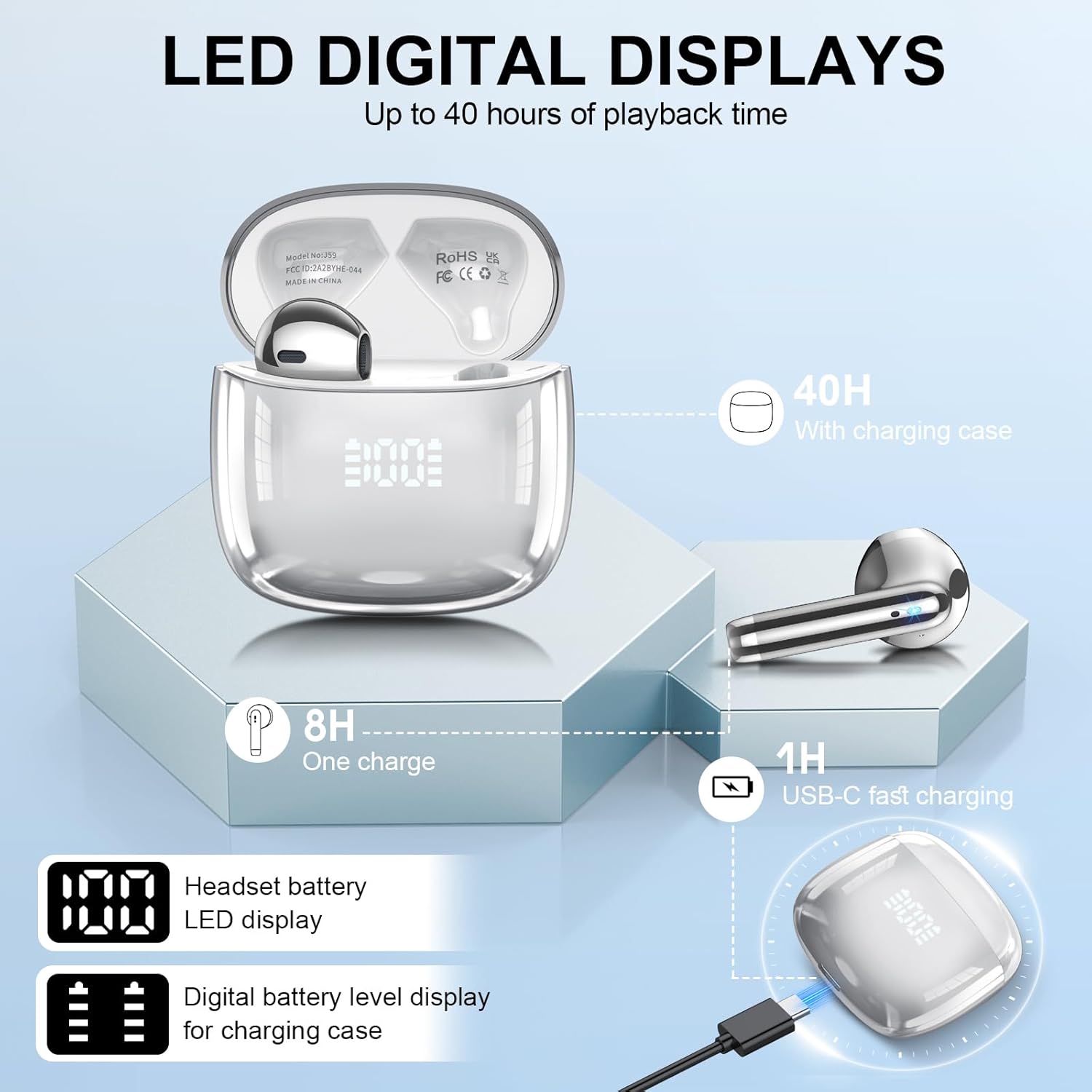 Auriculares Inalámbricos Bluetooth, Auriculares Bluetooth 5.4 Sonido Envolvente con HD Micrófono, Controlador de 14,2 mm, 48H Cascos Inalambricos con Reducción de Ruido, Pantalla LED, IP7 Impermeable - 5
