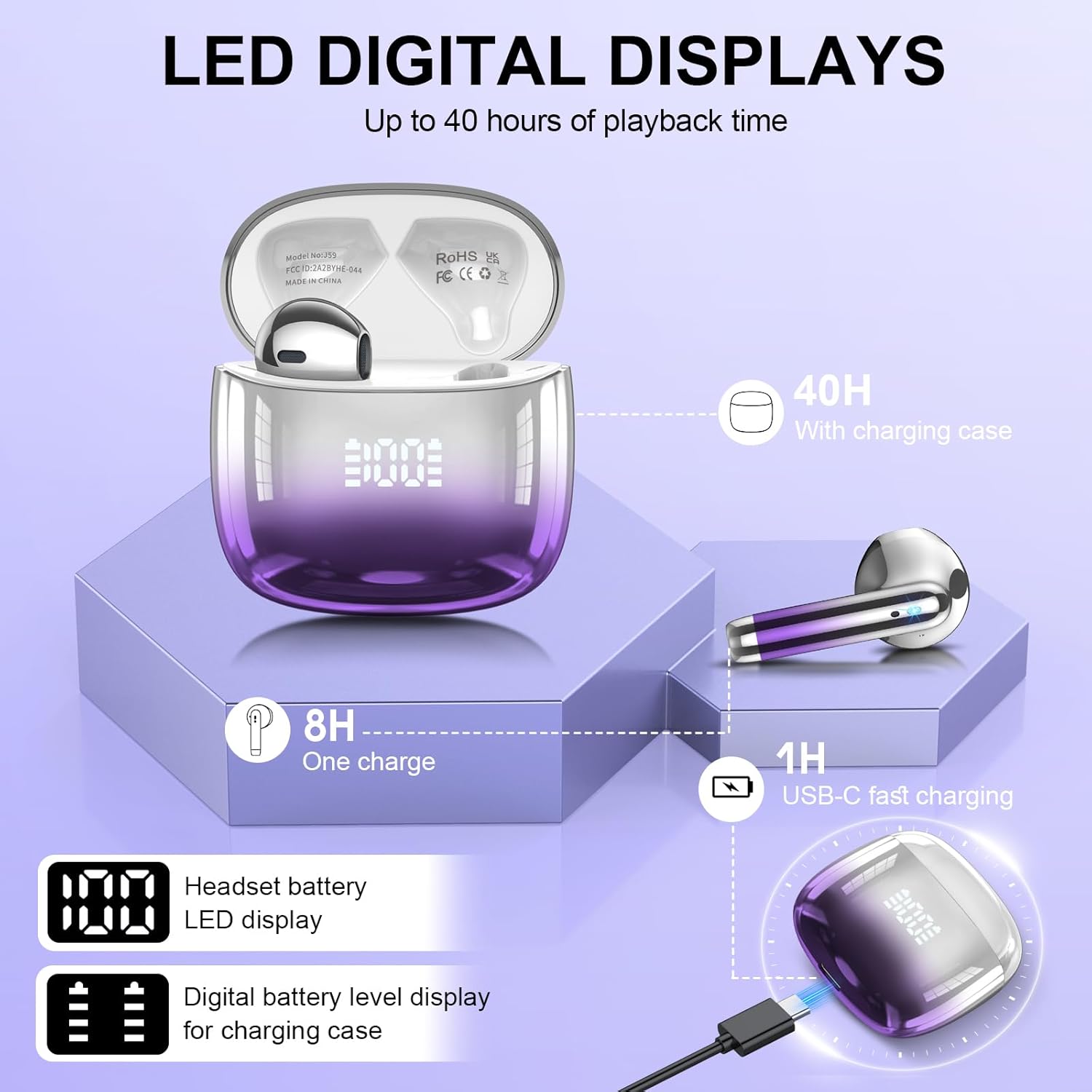Auriculares Inalámbricos Bluetooth, Auriculares Bluetooth 5.4 Sonido Envolvente con HD Micrófono, Controlador de 14,2 mm, 48H Cascos Inalambricos con Reducción de Ruido, Pantalla LED, IP7 Impermeable - 5