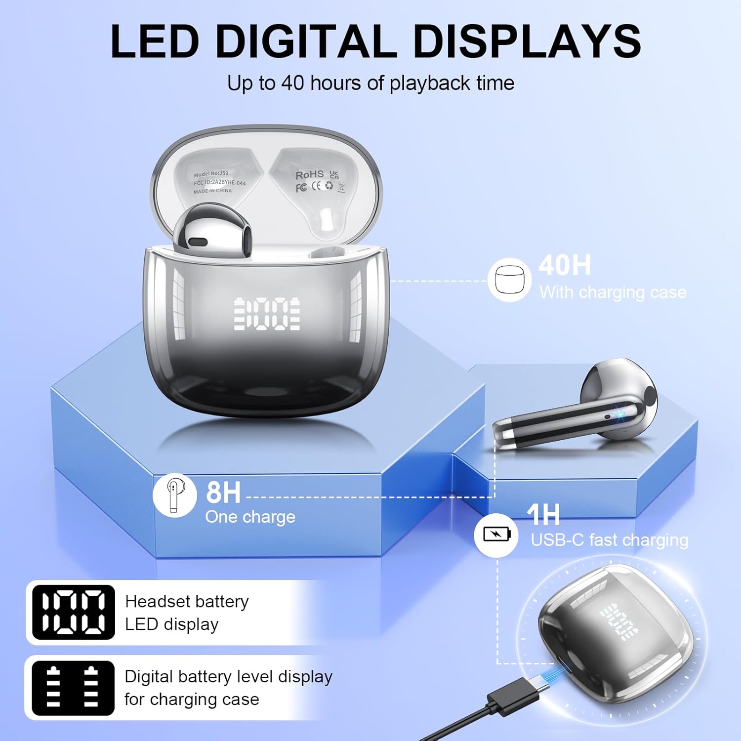 Auriculares Inalámbricos Bluetooth, Auriculares Bluetooth 5.4 Sonido Envolvente con HD Micrófono, Controlador de 14,2 mm, 48H Cascos Inalambricos con Reducción de Ruido, Pantalla LED, IP7 Impermeable - 5