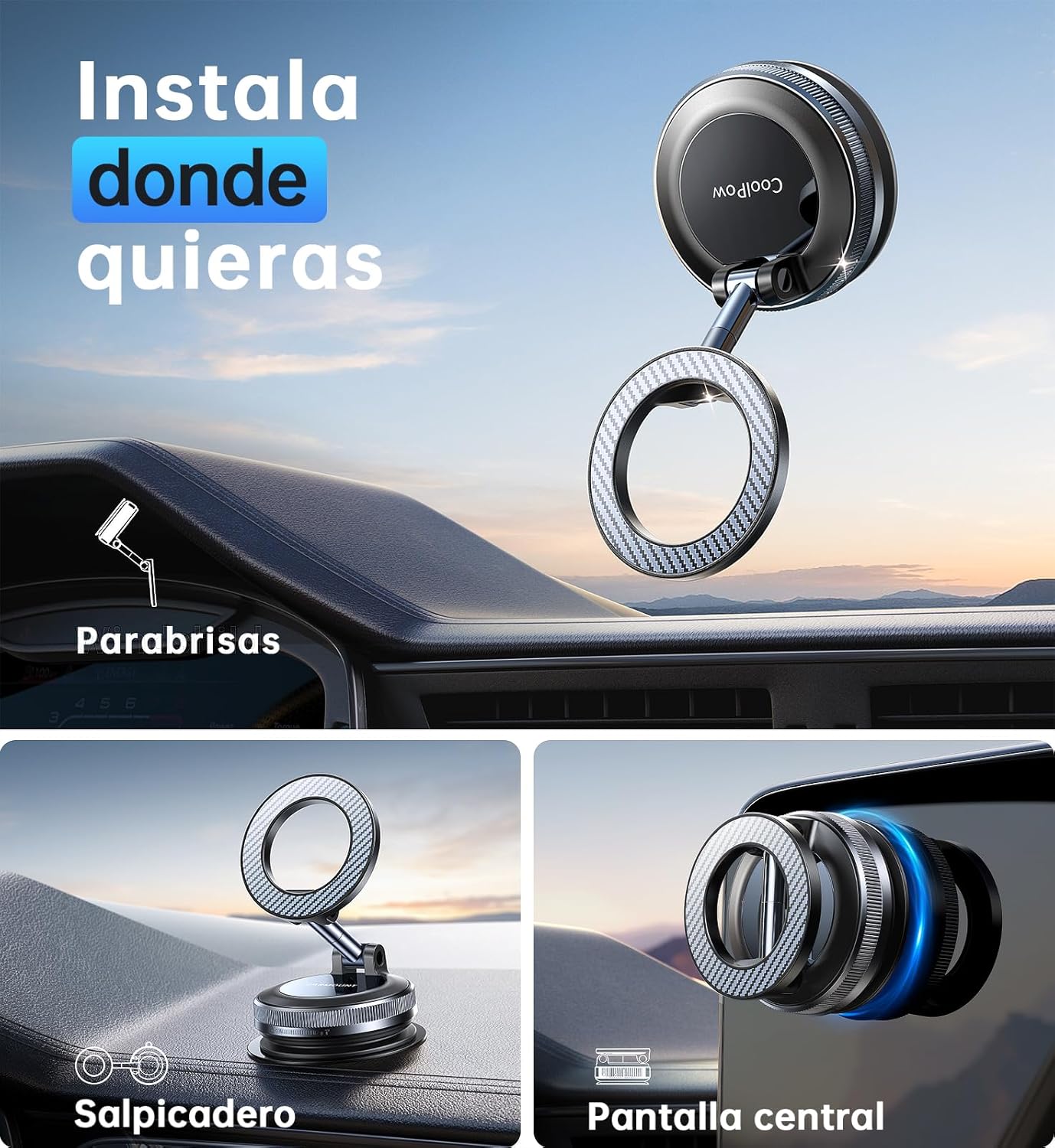 Coolpow Soporte Movil Coche para Magsafe [Ventosa Potente & Super Imanes] 360°Ajustable Magnetico Suporte Telemovel Carro Parabrisas/Salpicadero Accesorios Coche Interior para iPhone 17 16 - 2