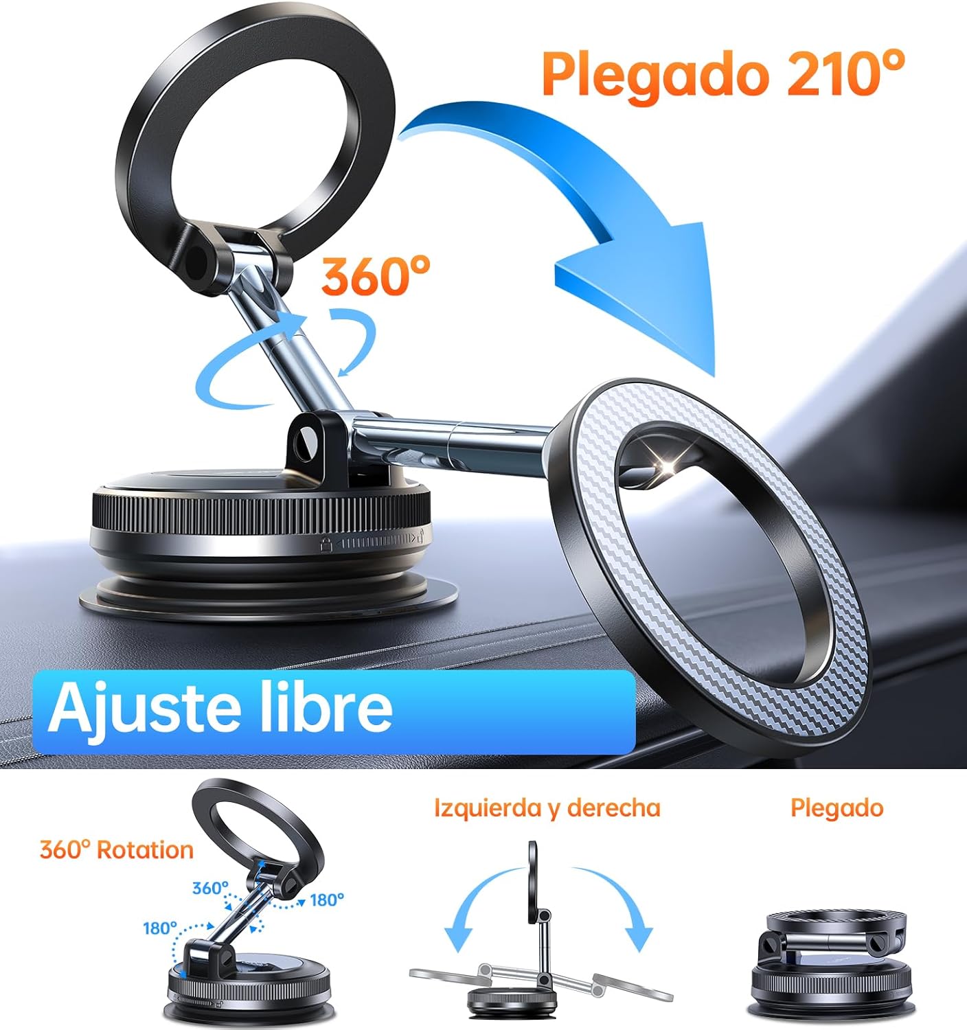Coolpow Soporte Movil Coche para Magsafe [Ventosa Potente & Super Imanes] 360°Ajustable Magnetico Suporte Telemovel Carro Parabrisas/Salpicadero Accesorios Coche Interior para iPhone 17 16 - 6
