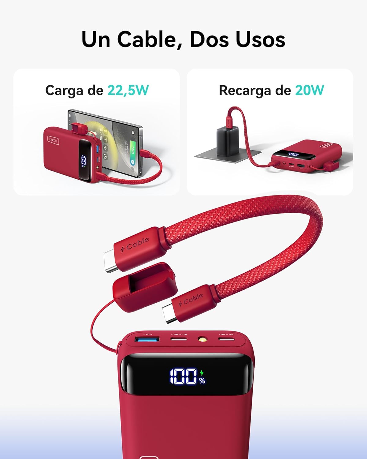 INIU Power Bank, Mini 22,5W PD 20000mAh Bateria Externa Carga Rapida, USB C Input & Output Bateria Portatil para iPhone Samsung iPad Airpods, Mochila Viaje Essentials Apto para Hombres y Mujeres, Rojo - 5