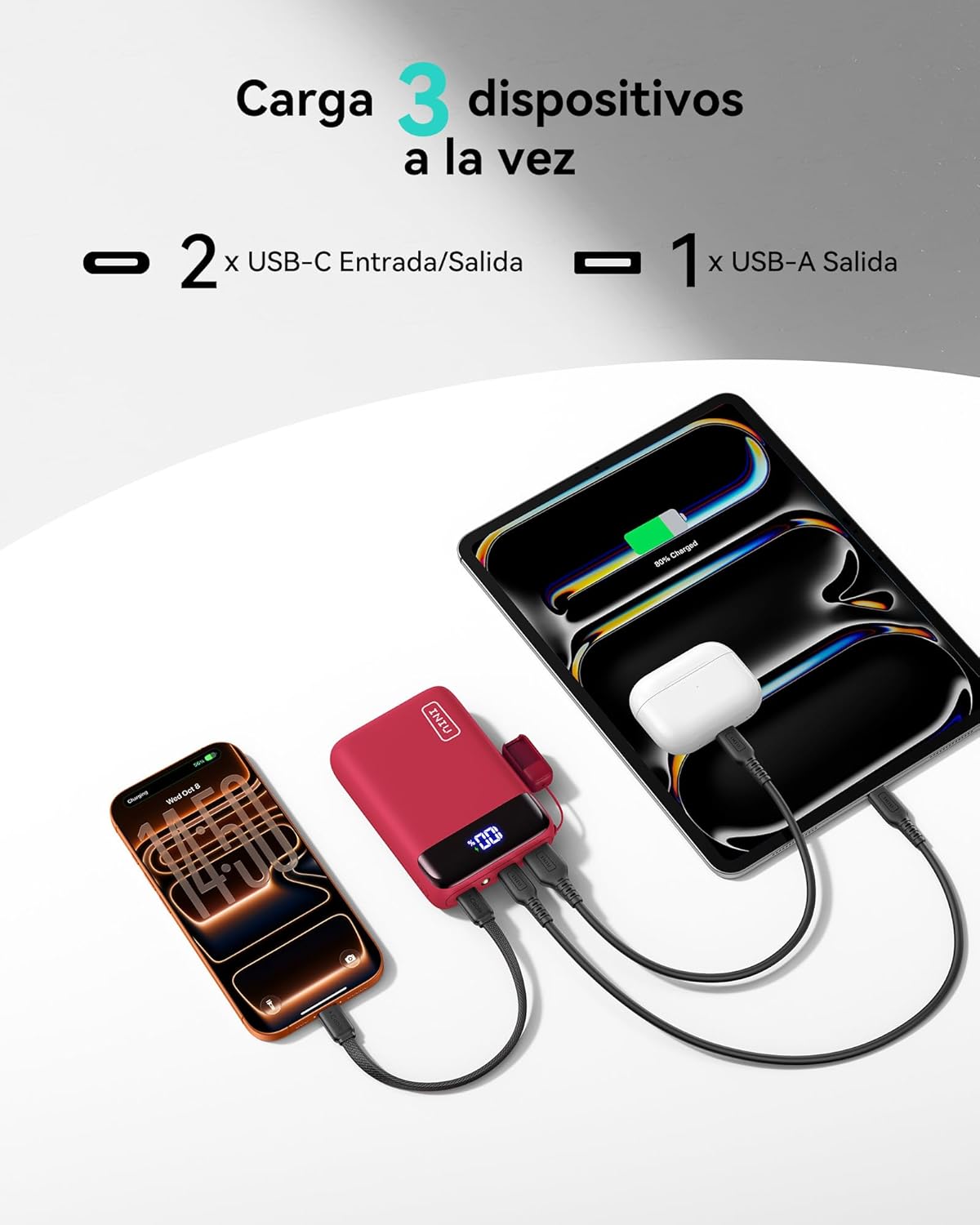 INIU Power Bank, Mini 22,5W PD 20000mAh Bateria Externa Carga Rapida, USB C Input & Output Bateria Portatil para iPhone Samsung iPad Airpods, Mochila Viaje Essentials Apto para Hombres y Mujeres, Rojo - 6