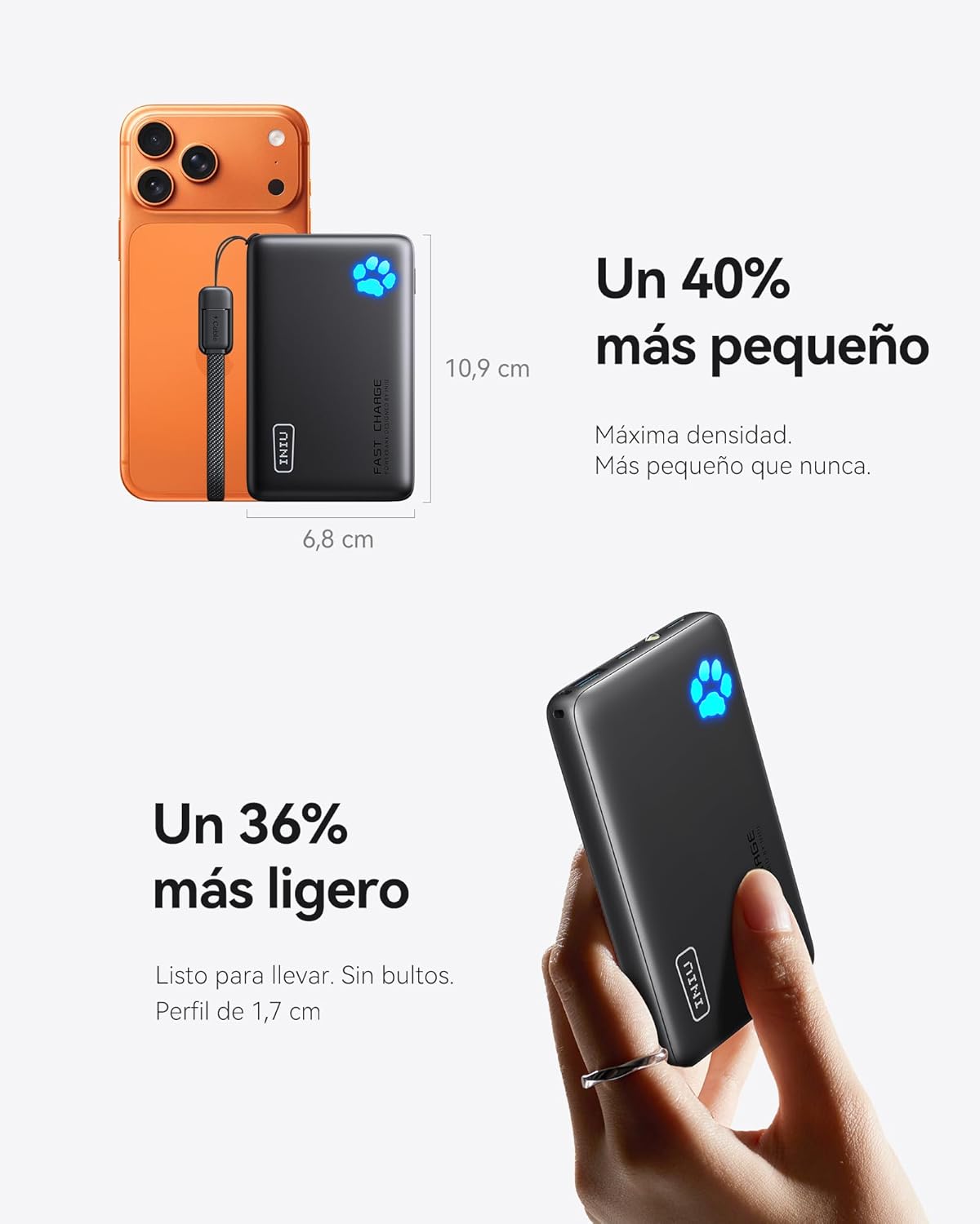 INIU Power Bank, Pequeño 45W Carga Rápida 10000mAh Bateria Externa con Cable USB C Desmontable, Apto para Avión, Esenciales de Viaje, Bateria Portatil para iPhone 17 16 Pro, Samsung S22, Xiaomi etc - 2