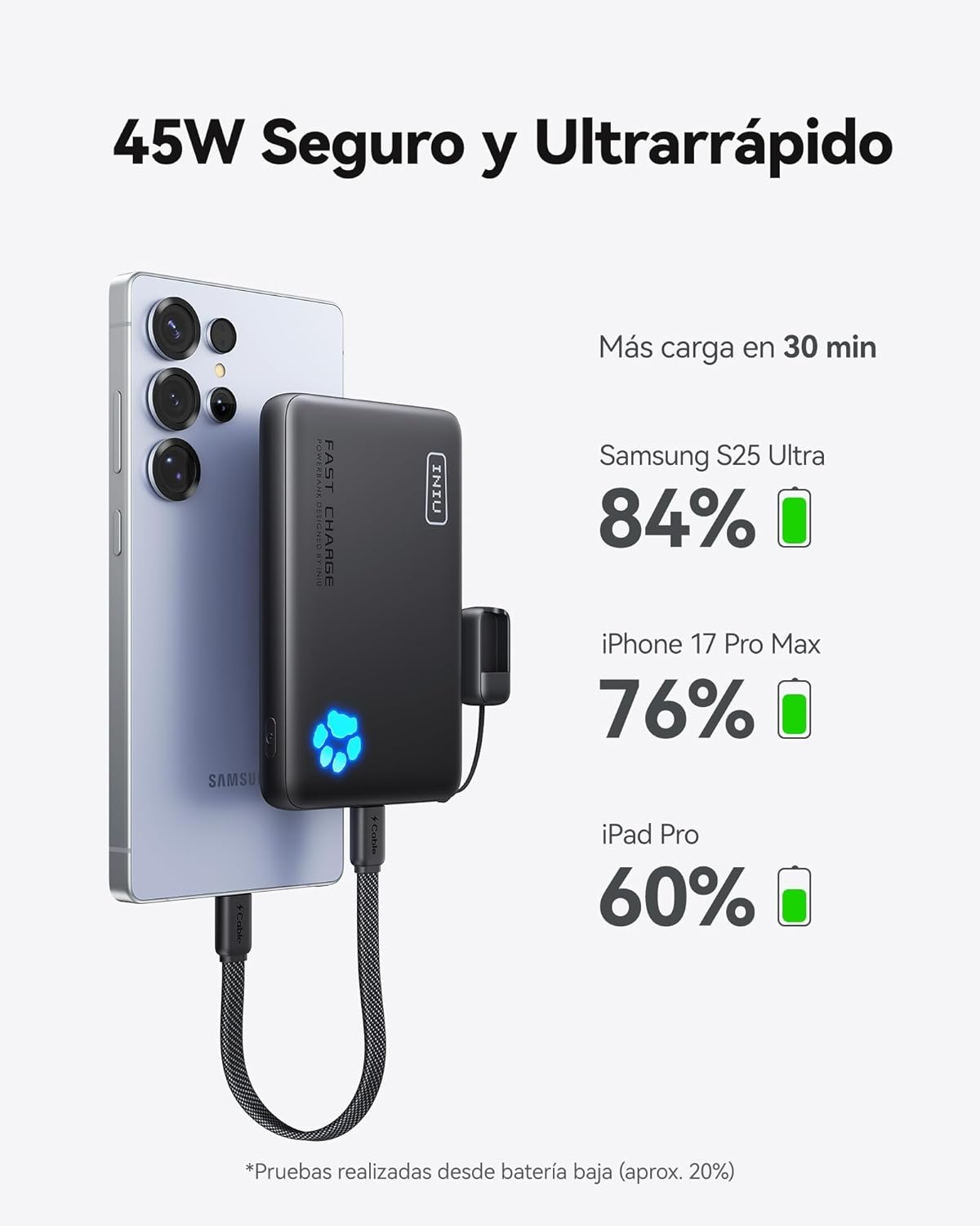 INIU Power Bank, Pequeño 45W Carga Rápida 10000mAh Bateria Externa con Cable USB C Desmontable, Apto para Avión, Esenciales de Viaje, Bateria Portatil para iPhone 17 16 Pro, Samsung S22, Xiaomi etc - 3